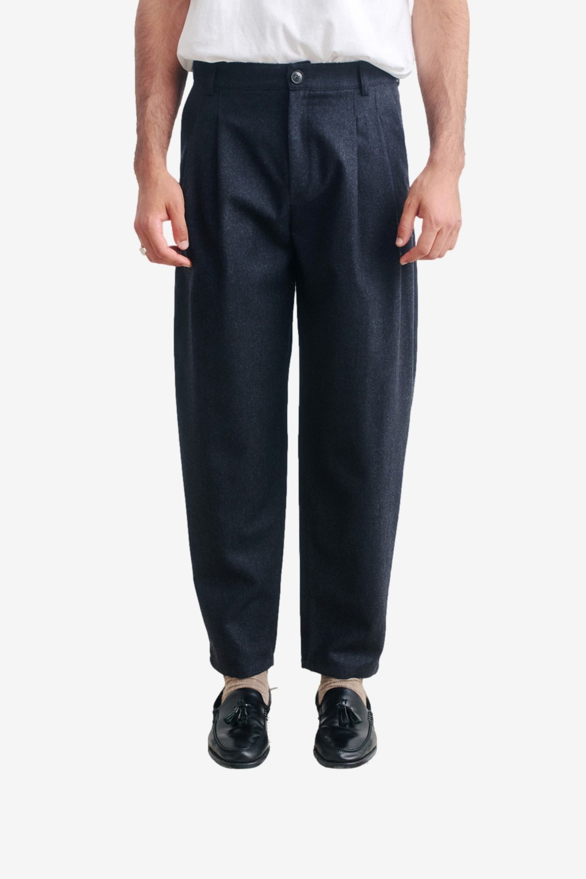 A Kind of Guise Pleated Wide Trousers in Falcon Flannel