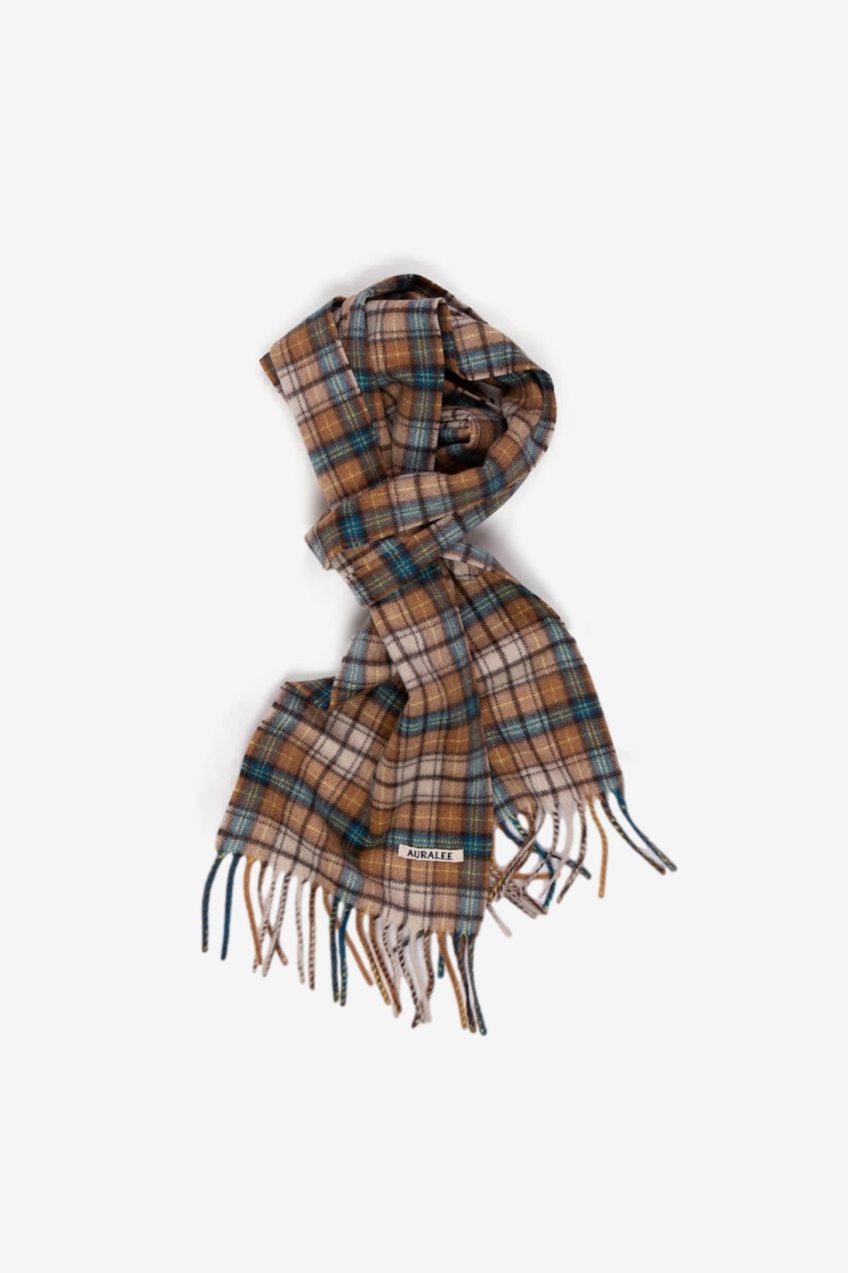 Auralee Cashmere Check Stole in Brown Yellow Check
