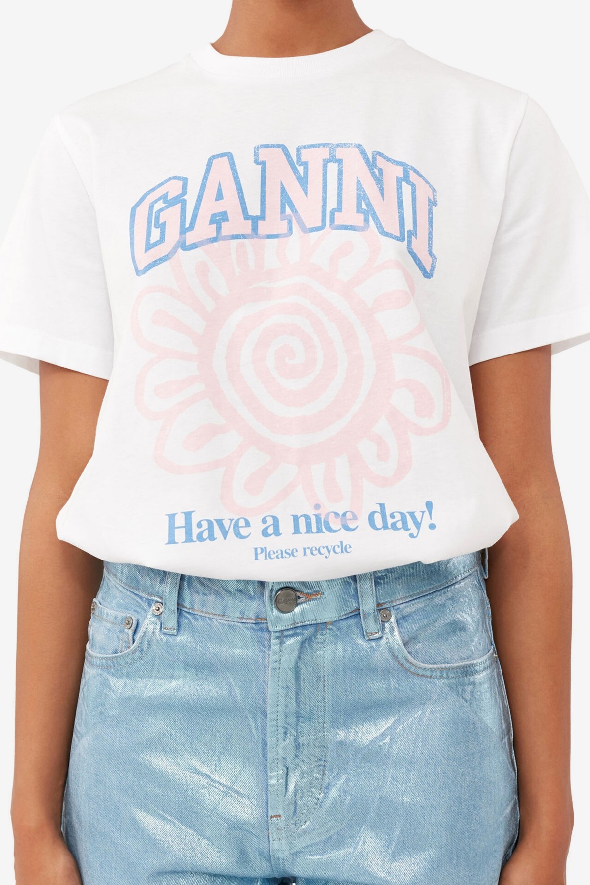 Ganni Basic Jersey Flower Relaxed T-shirt in Bright White