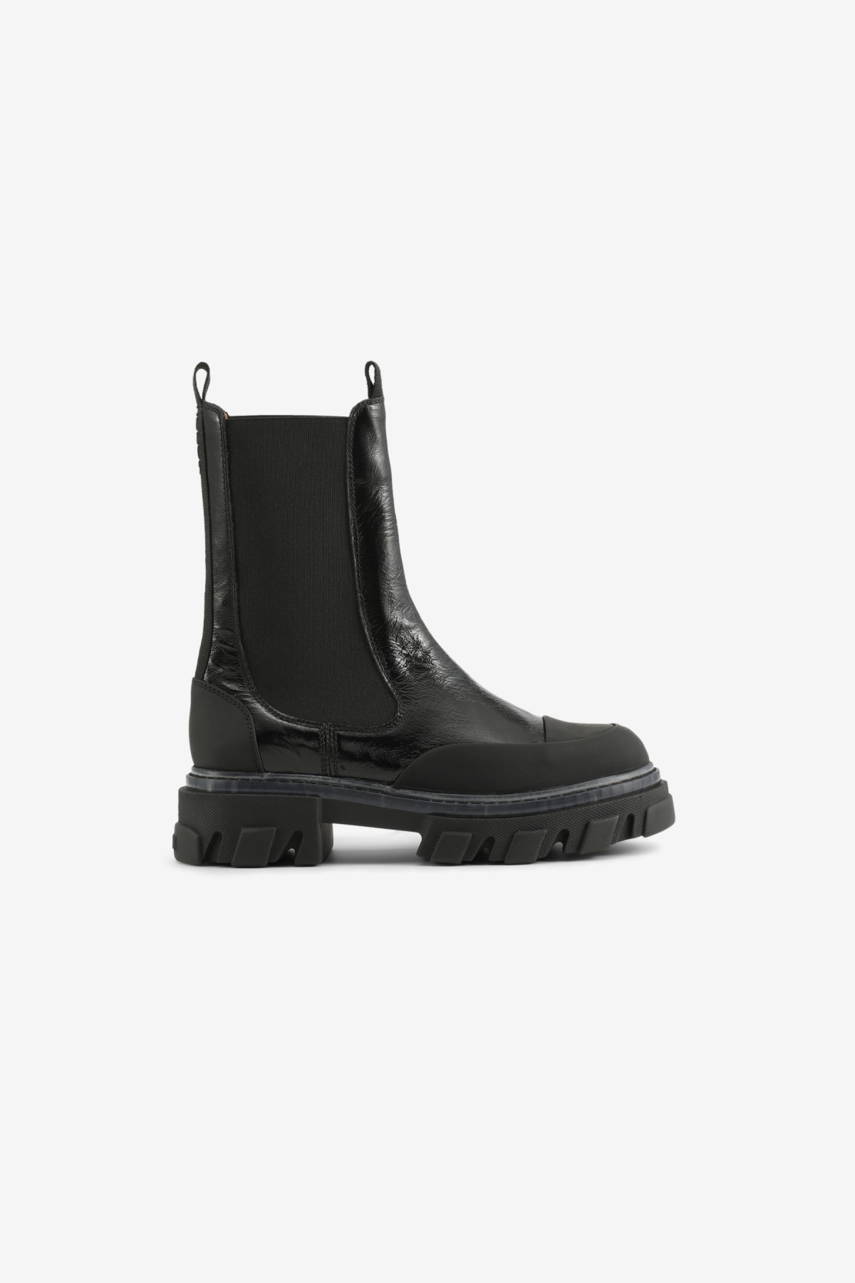 Ganni Cleated Mid Chelsea Boot Transp Welt Naplack in Black