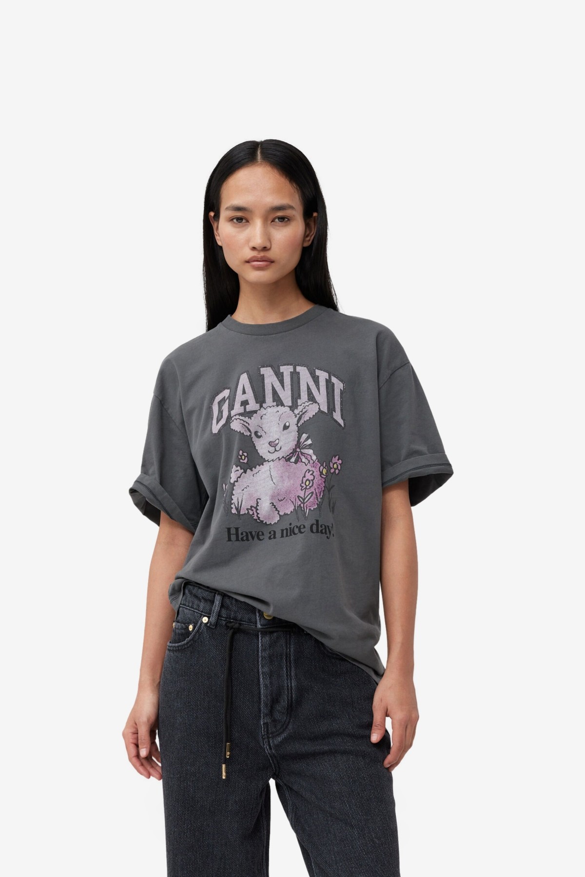 Ganni Future Heavy Jersey Lamb Short Sleeve T-shirt in Volcanic Ash