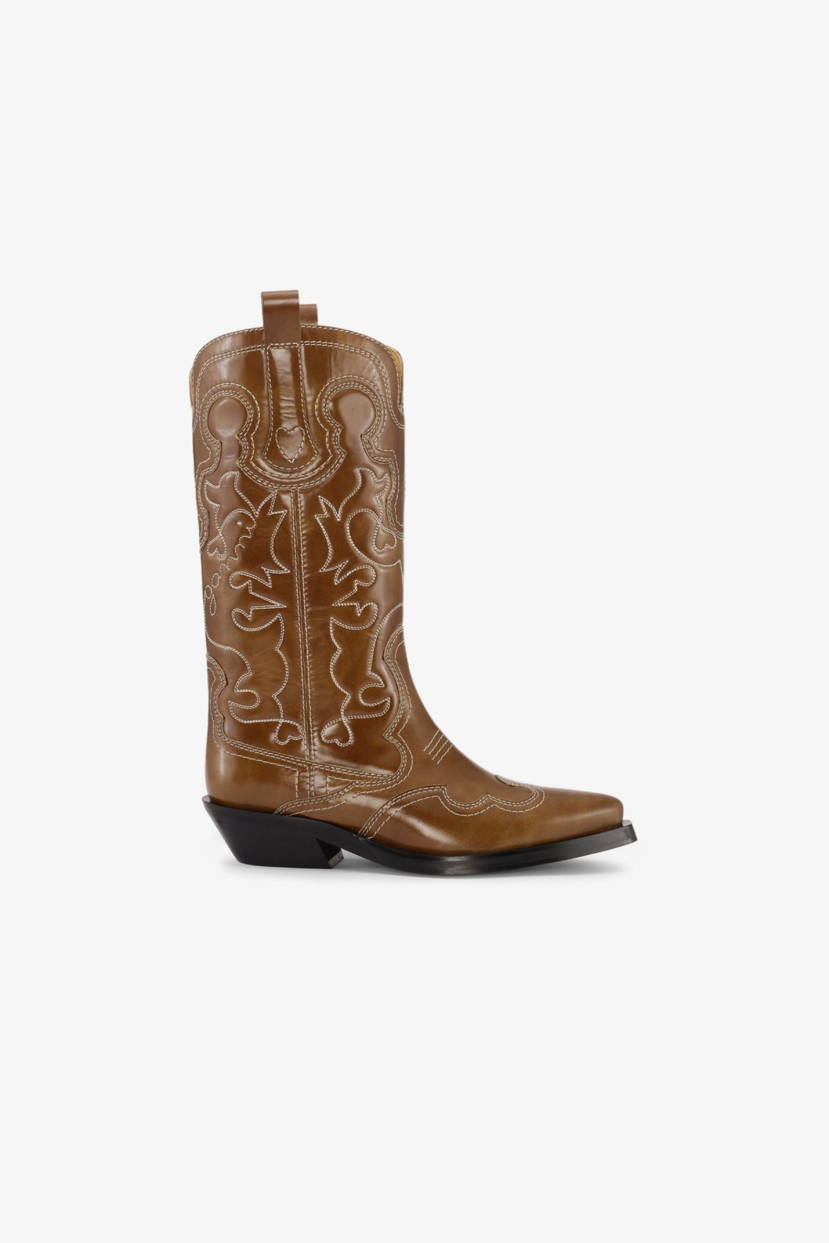 Ganni Mid Shaft Embroidered Western Boot in Tiger's Eye