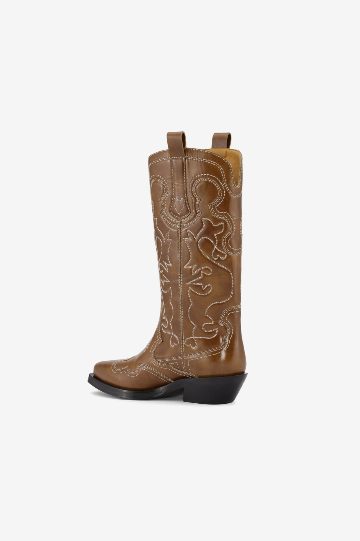 Ganni Mid Shaft Embroidered Western Boot in Tiger's Eye