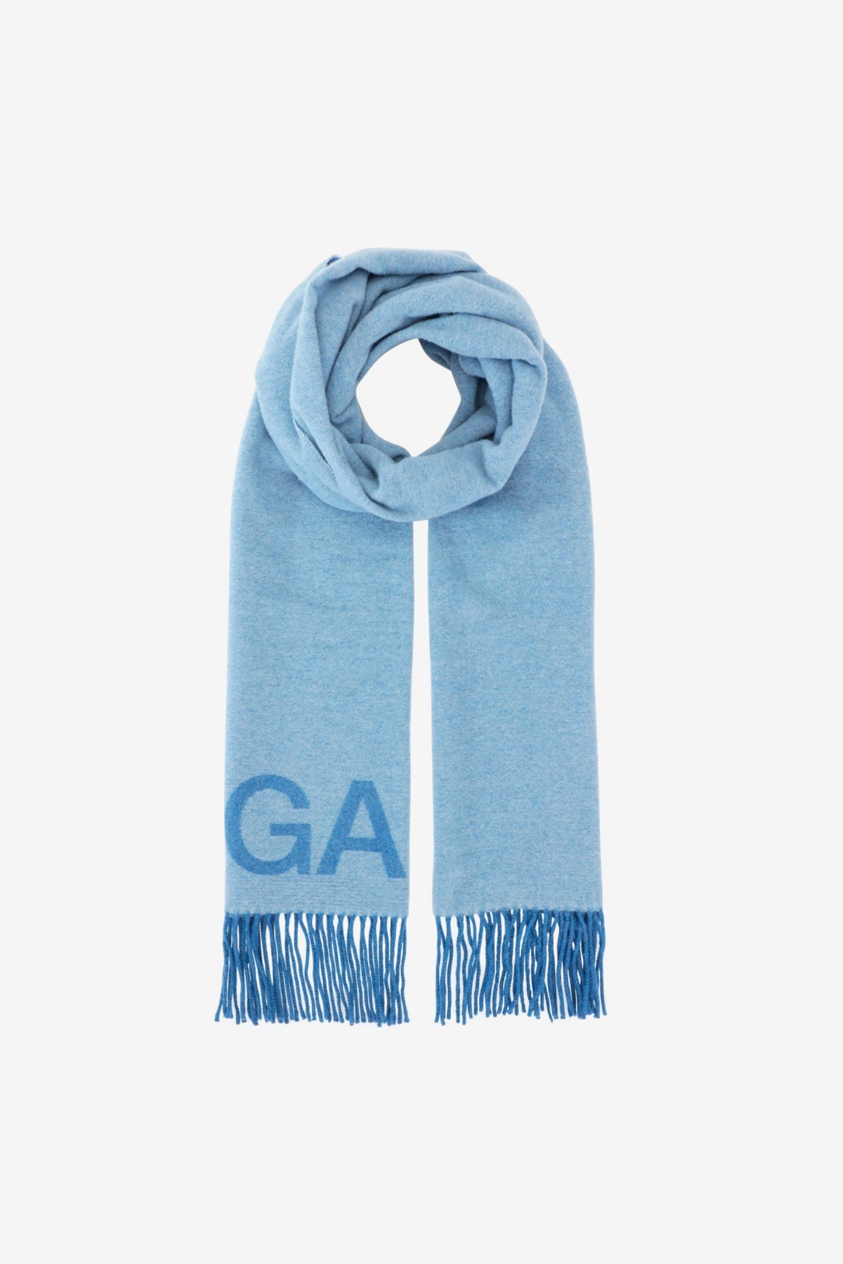 Ganni Recycled Wool Fringed Scarf in Light Blue Vintage
