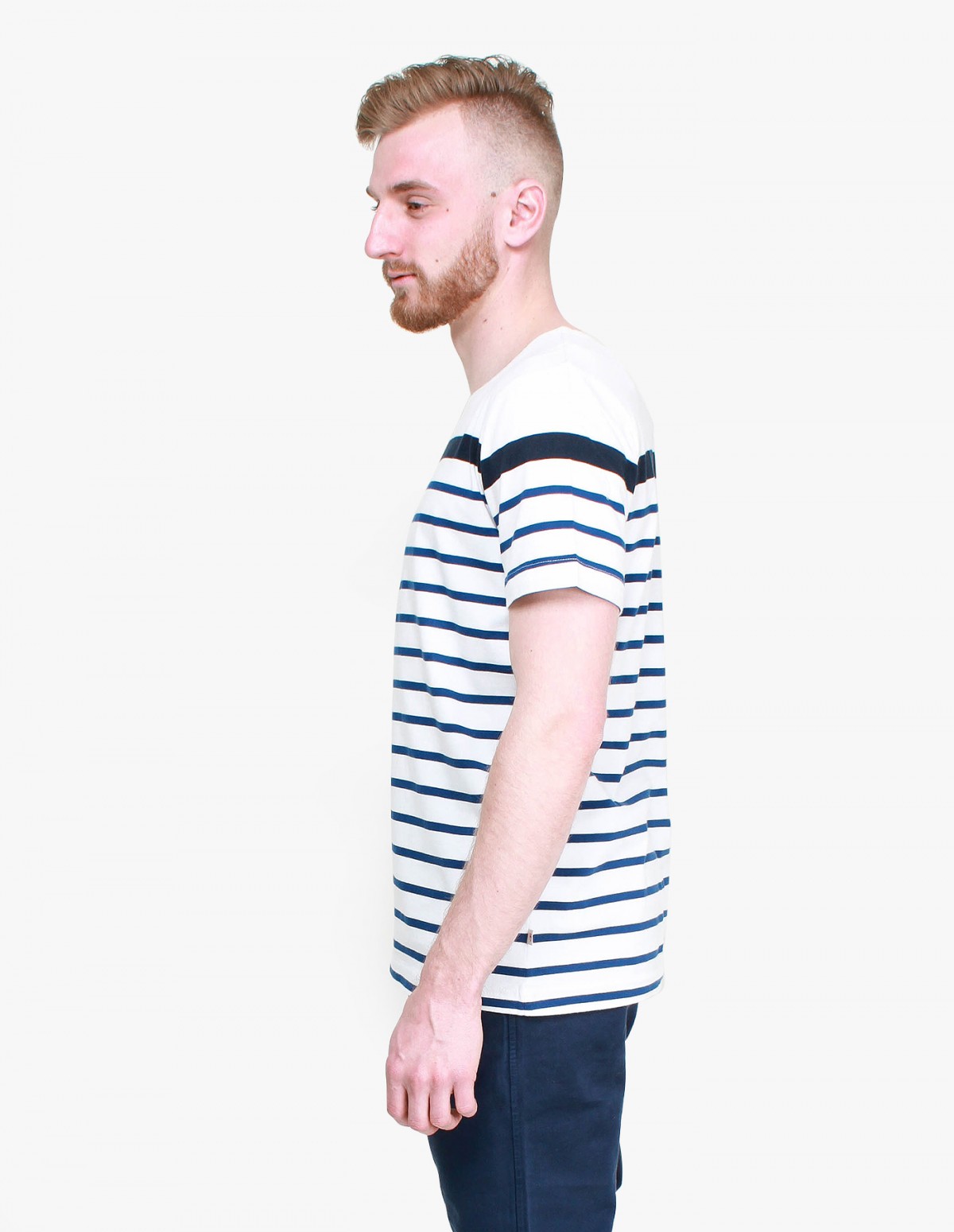 Knowledge Cotton Apparel Contrast Stripe Tee in Total Eclipse