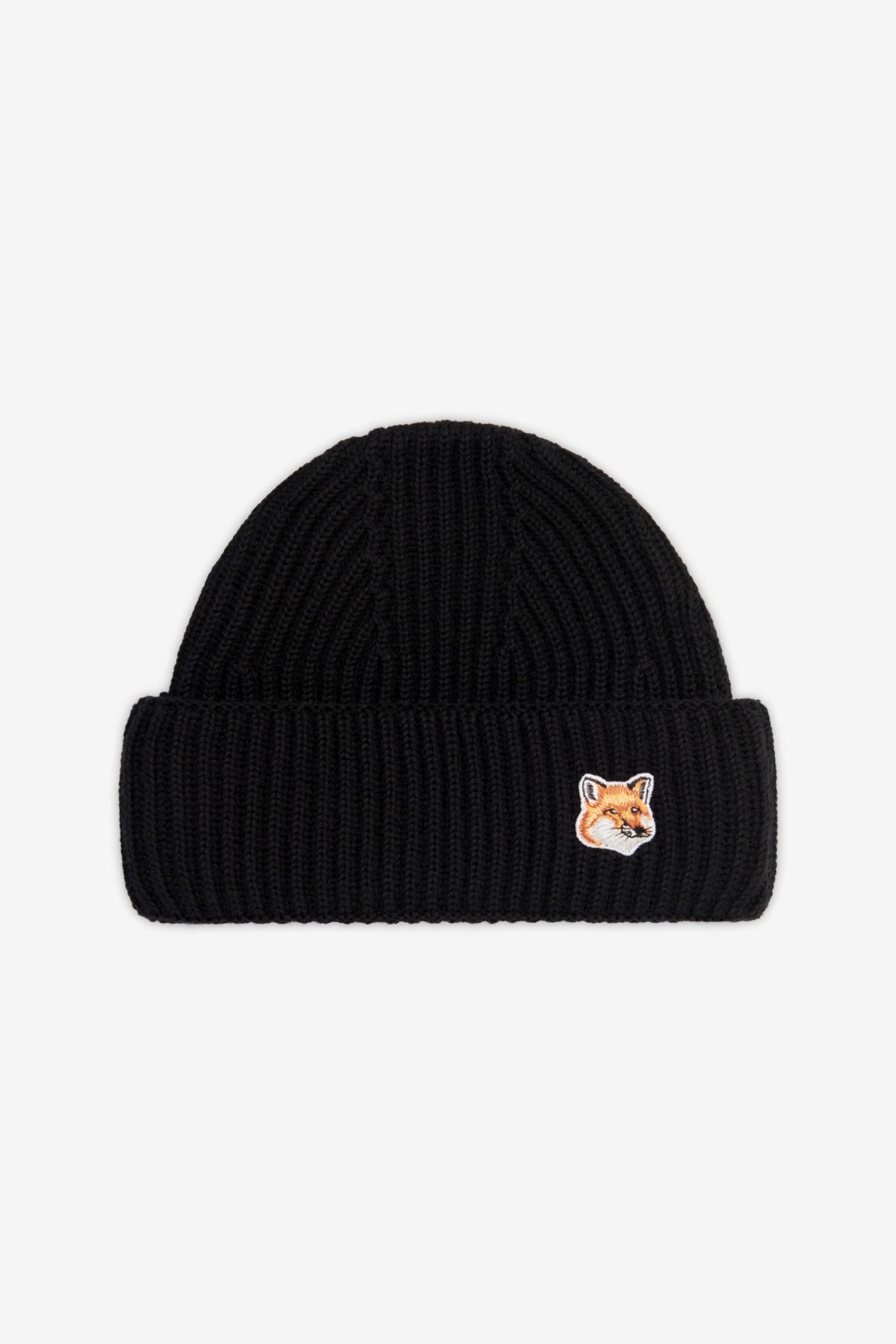 Maison Kitsuné Fox Head Patch Ribbed Hat in Black