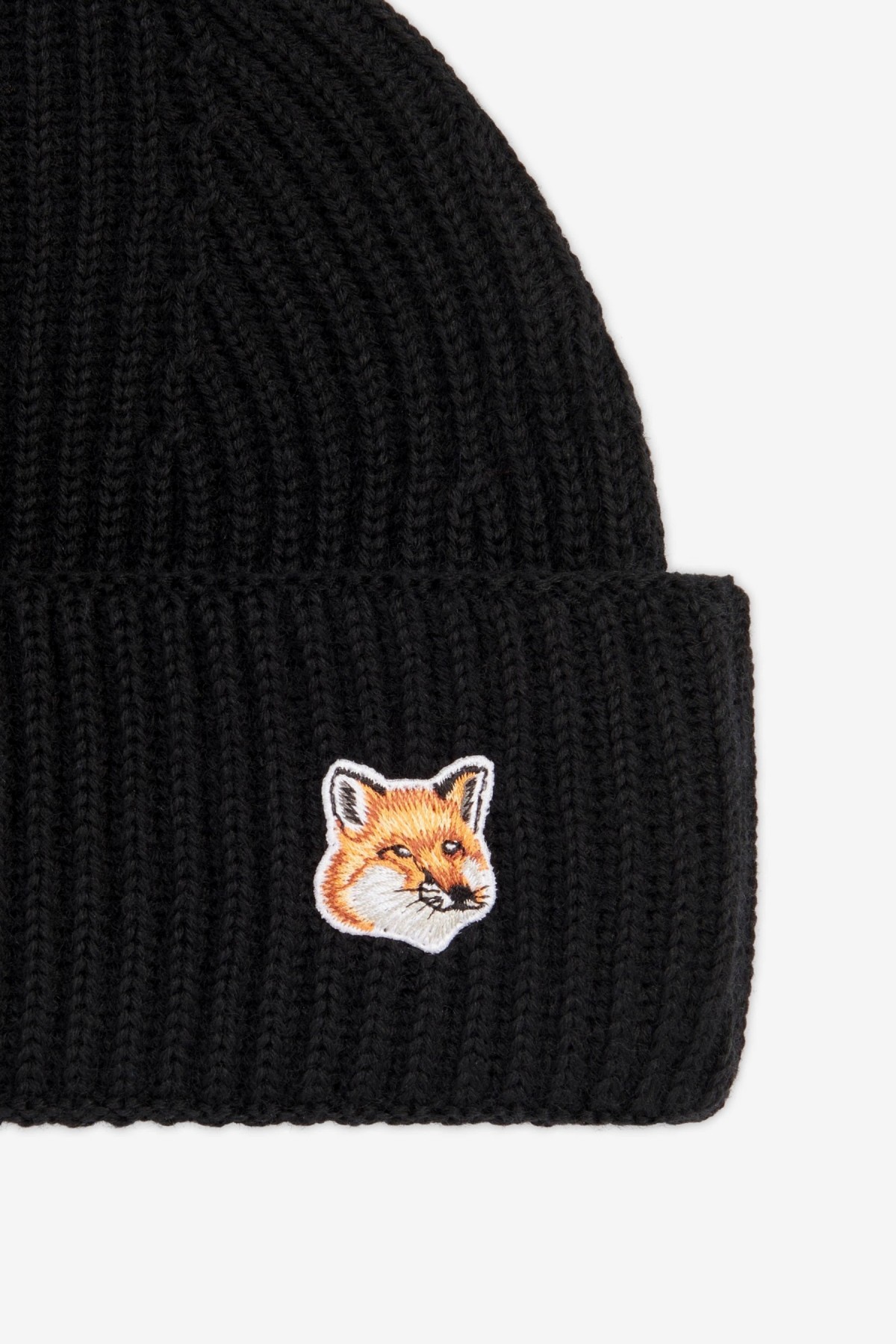 Maison Kitsuné Fox Head Patch Ribbed Hat in Black