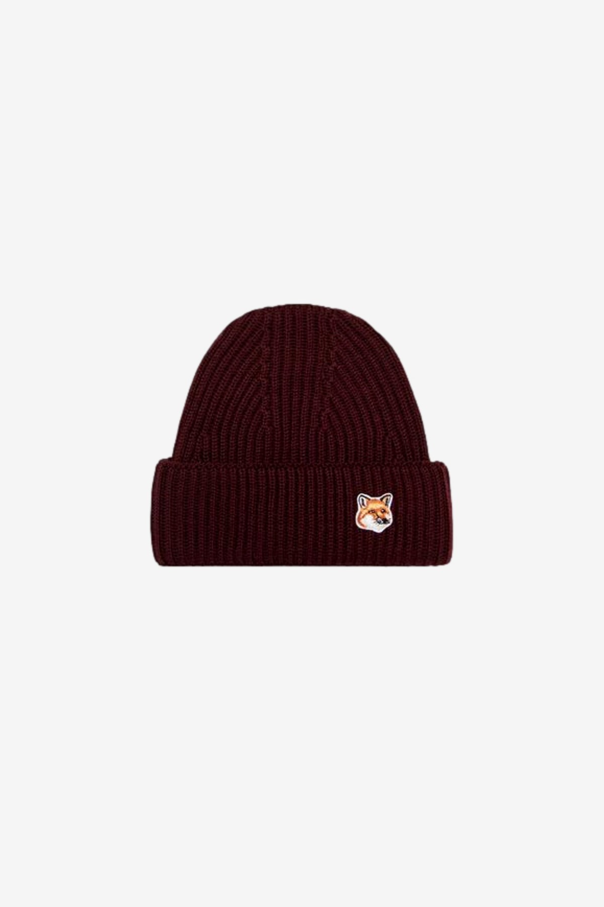 Maison Kitsuné Fox Head Patch Ribbed Hat in Wine Lees