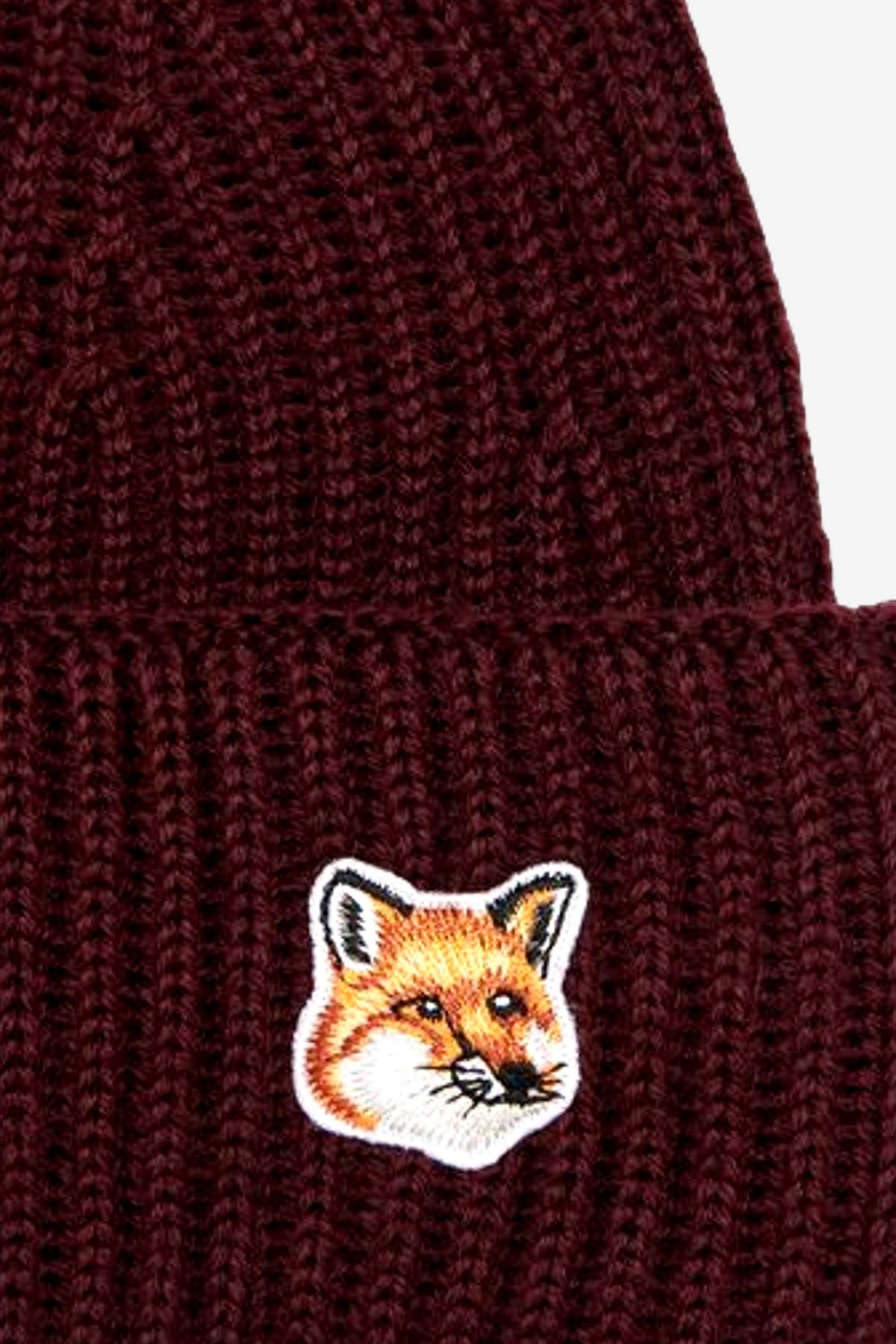 Maison Kitsuné Fox Head Patch Ribbed Hat in Wine Lees
