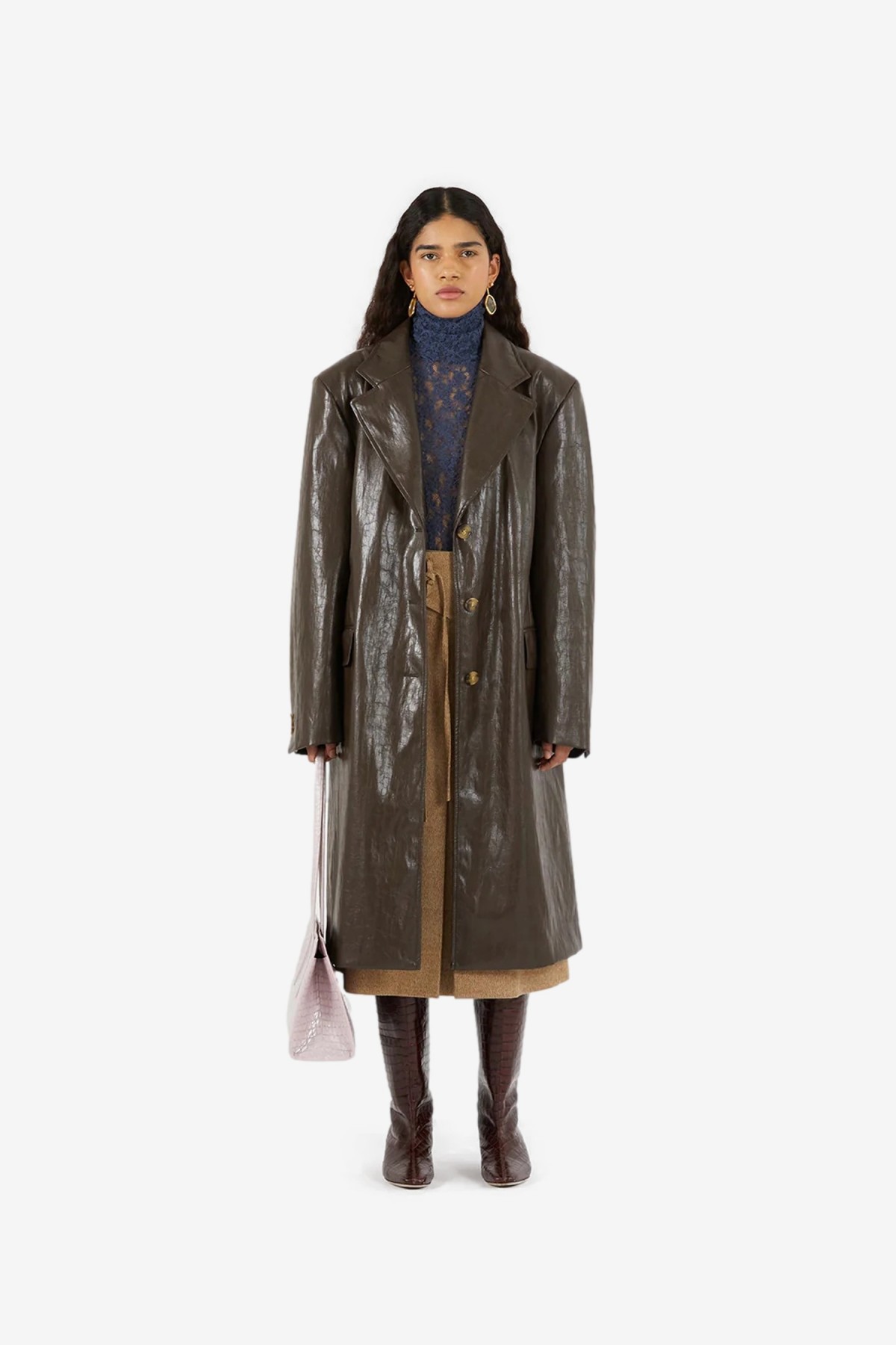 Rejina Pyo Kara Coat in Faux Leather Dark Brown