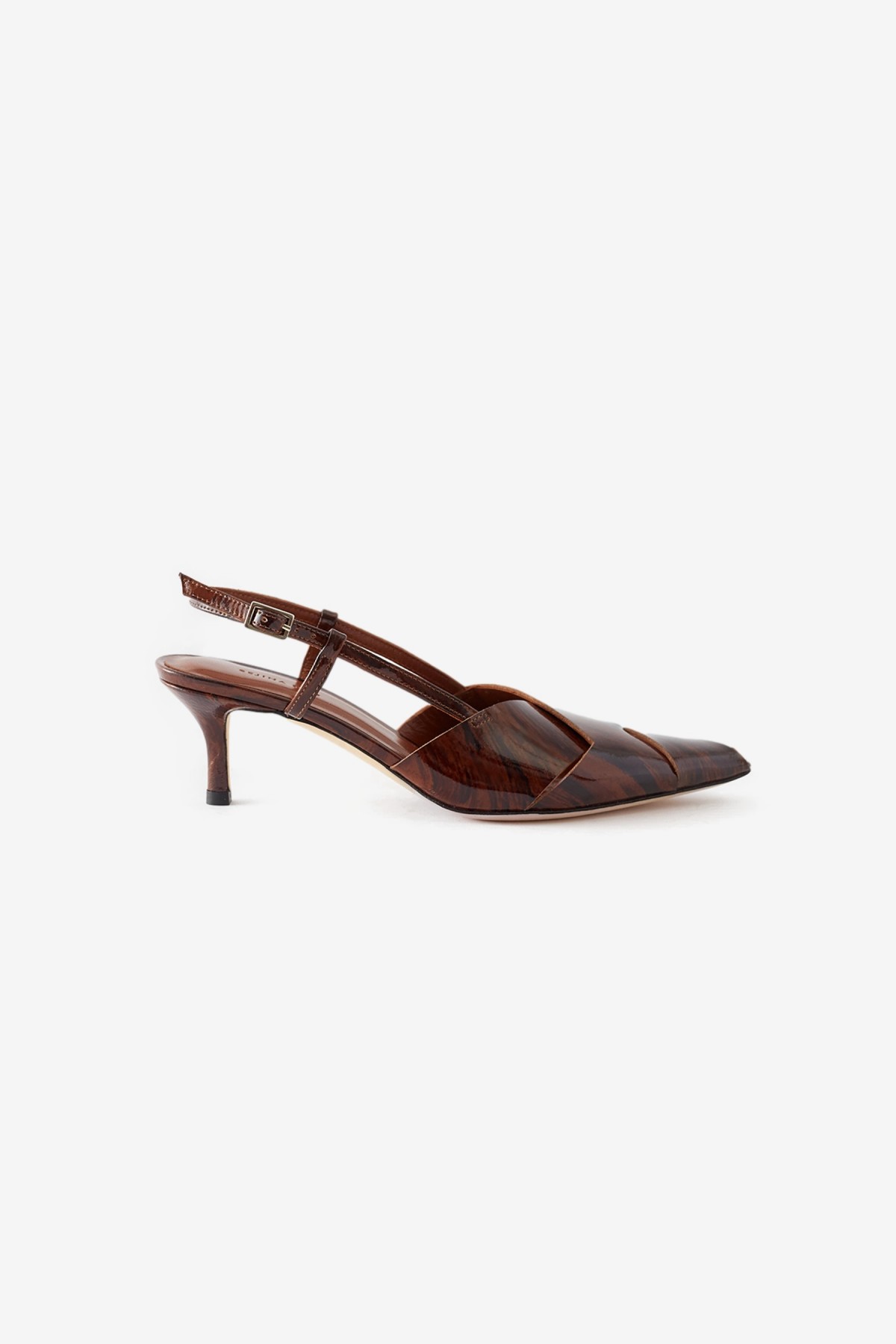 Rejina Pyo Wrap Kitten Heels in Patent Leather Wood Brown