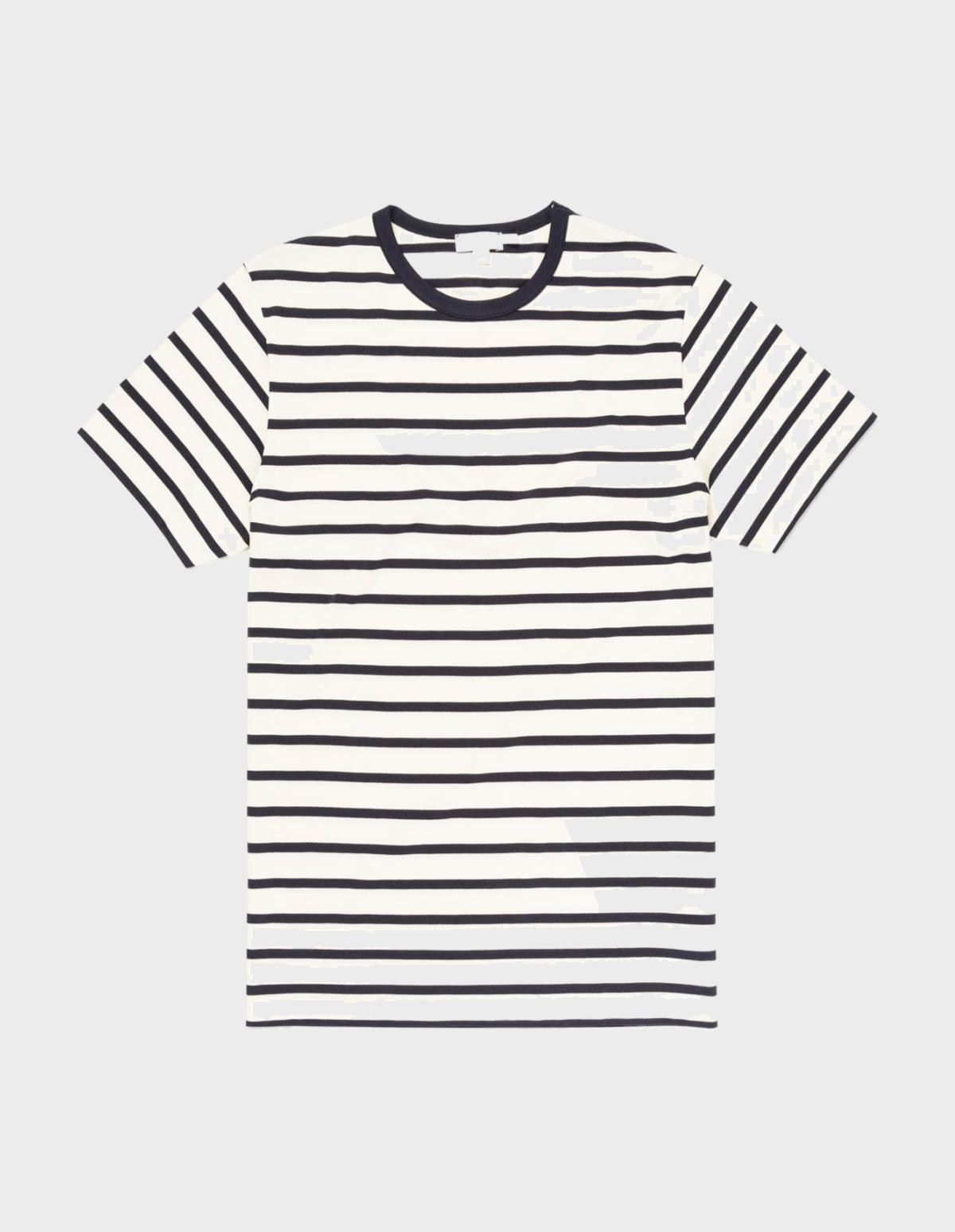 Sunspel Short Sleeve Striped Crew Neck T-Shirt in Ecru / Navy