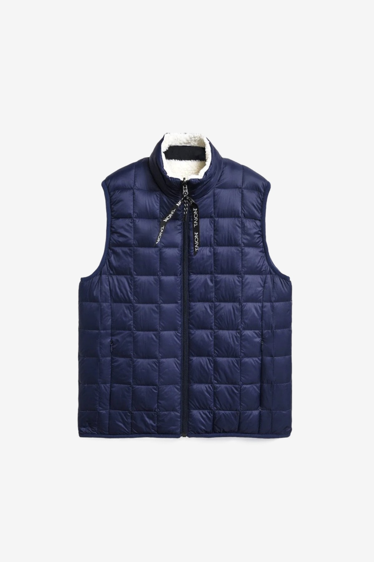 Taion “Down × Boa” Reversible Vest in Navy / Ivory