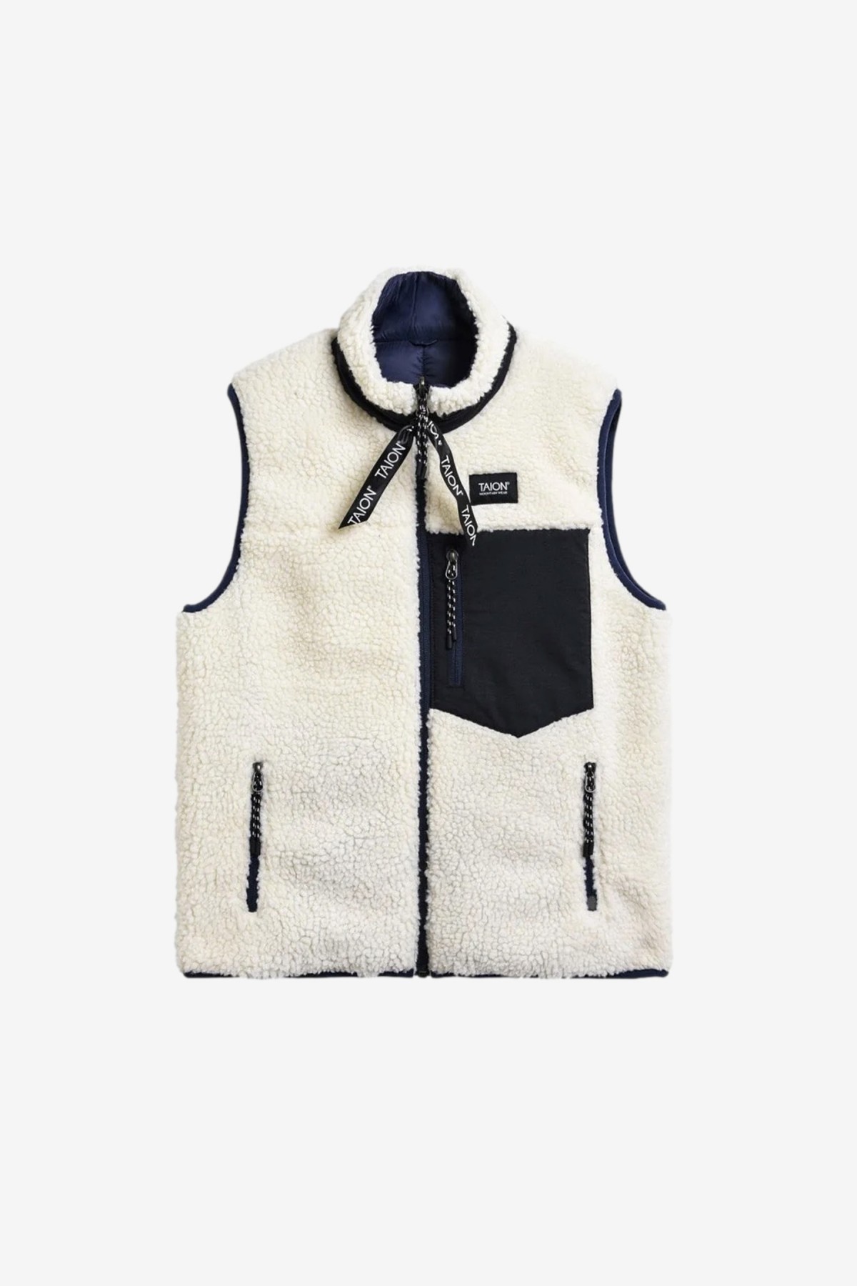 Taion “Down × Boa” Reversible Vest in Navy / Ivory