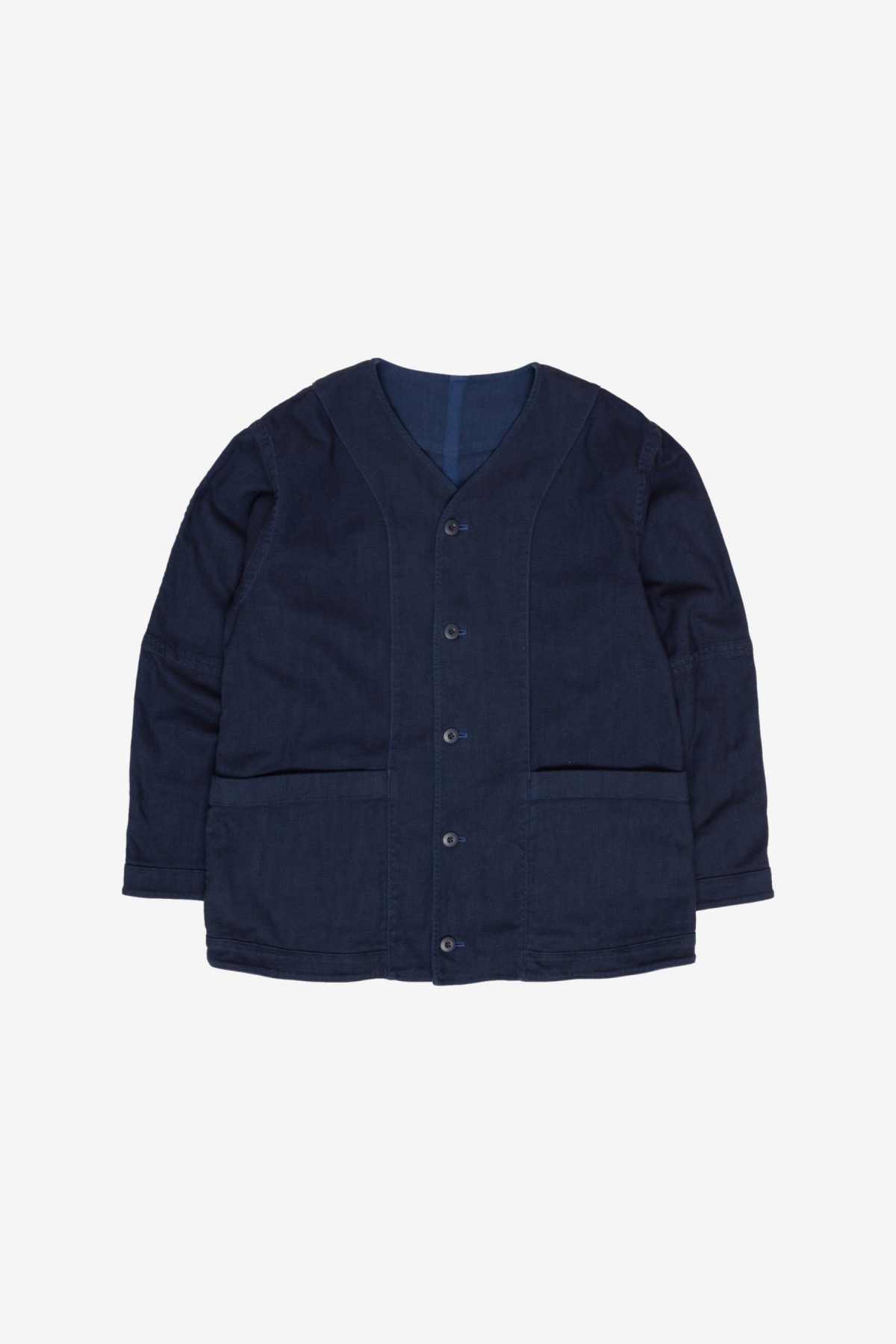 ts(s) Garment Dye Cotton Heavy Oxford Stretch Cloth Reversible Seam Taping Collarless Jacket in Navy