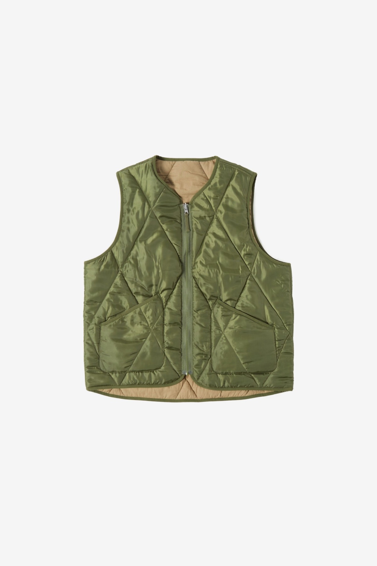 Universal Works Reversible Military Liner Gilet in Olive/Sand