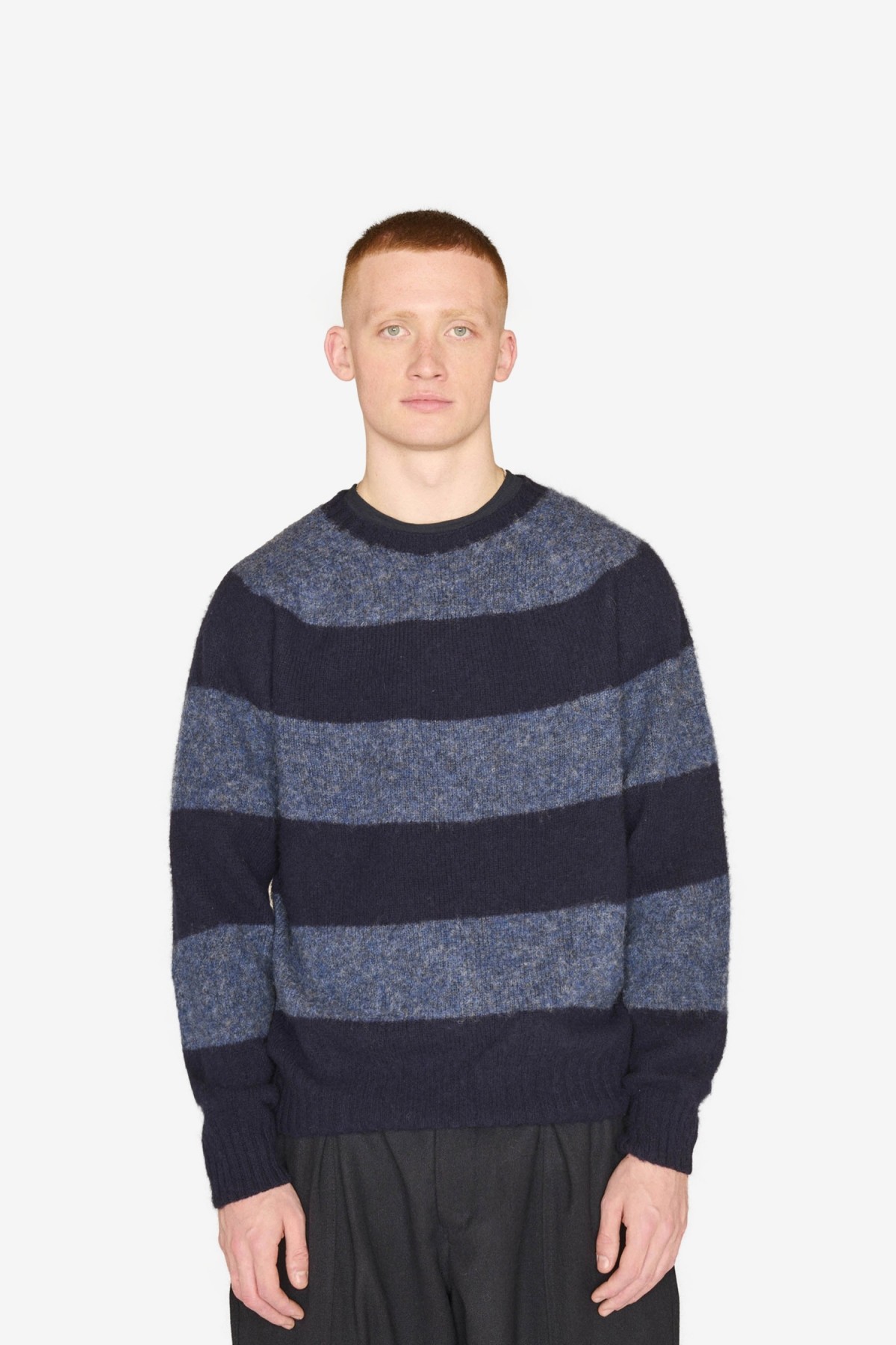 YMC You Must Create Suedehead Stripe Crew Knit in Navy Blue