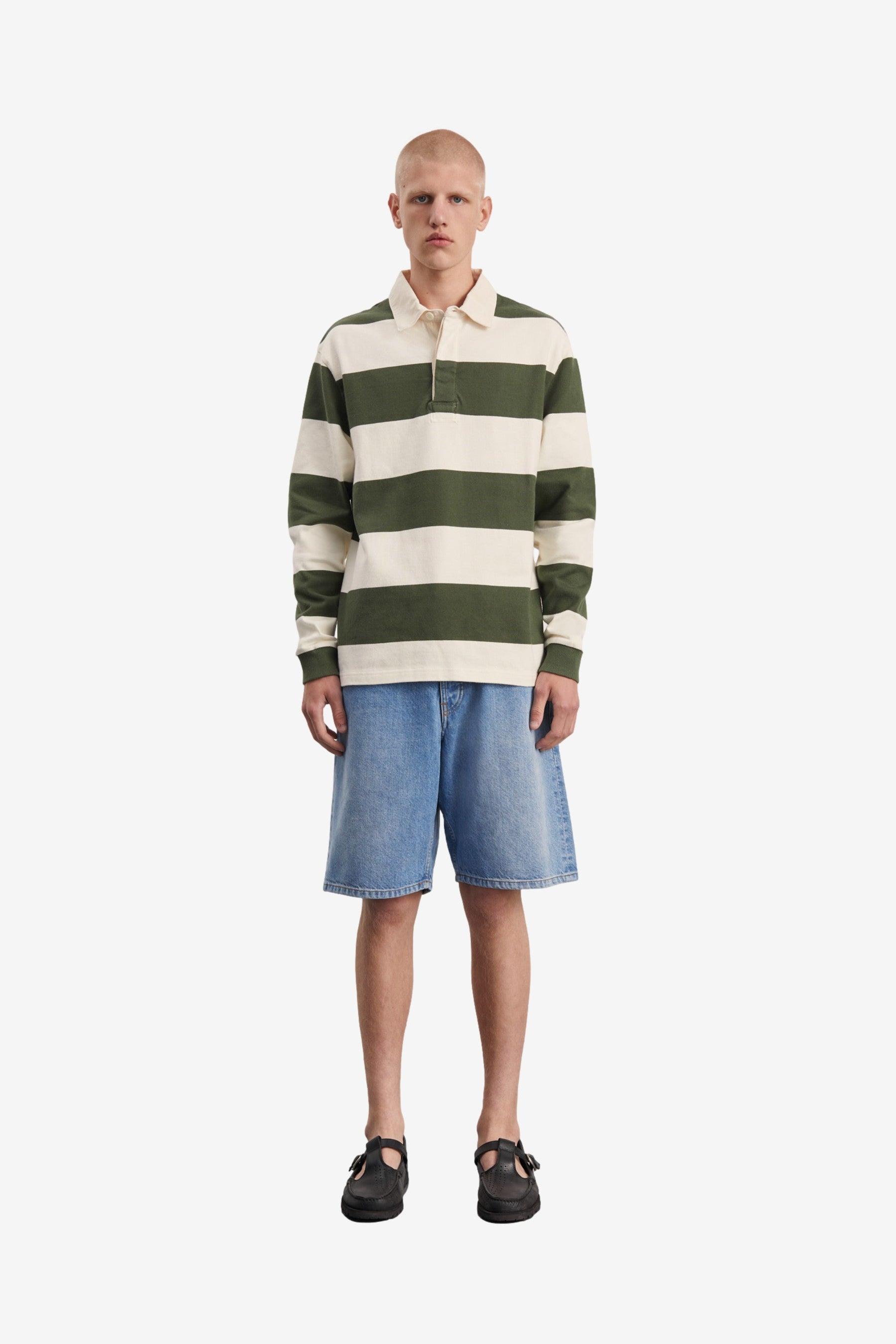 Rugby Polo 1.0 in Green Ecru Stripe - Another Aspect | Afura Store