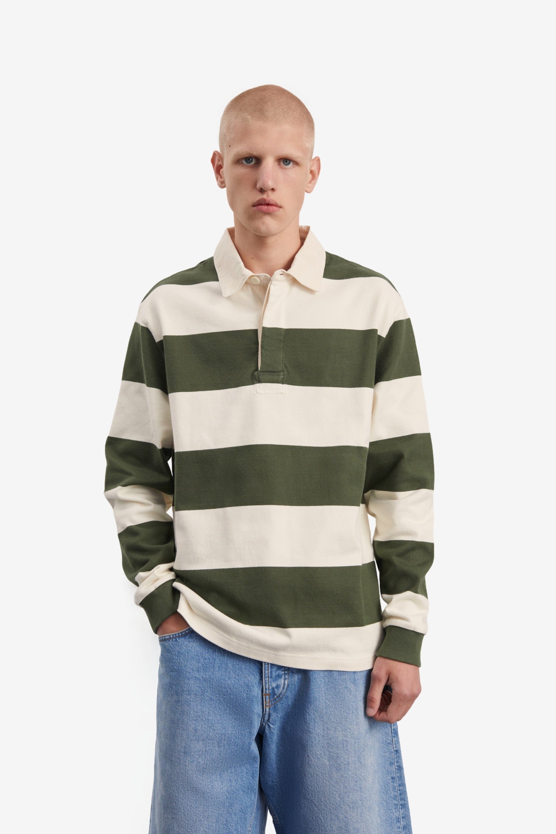 Rugby Polo 1.0 in Green Ecru Stripe - Another Aspect | Afura Store