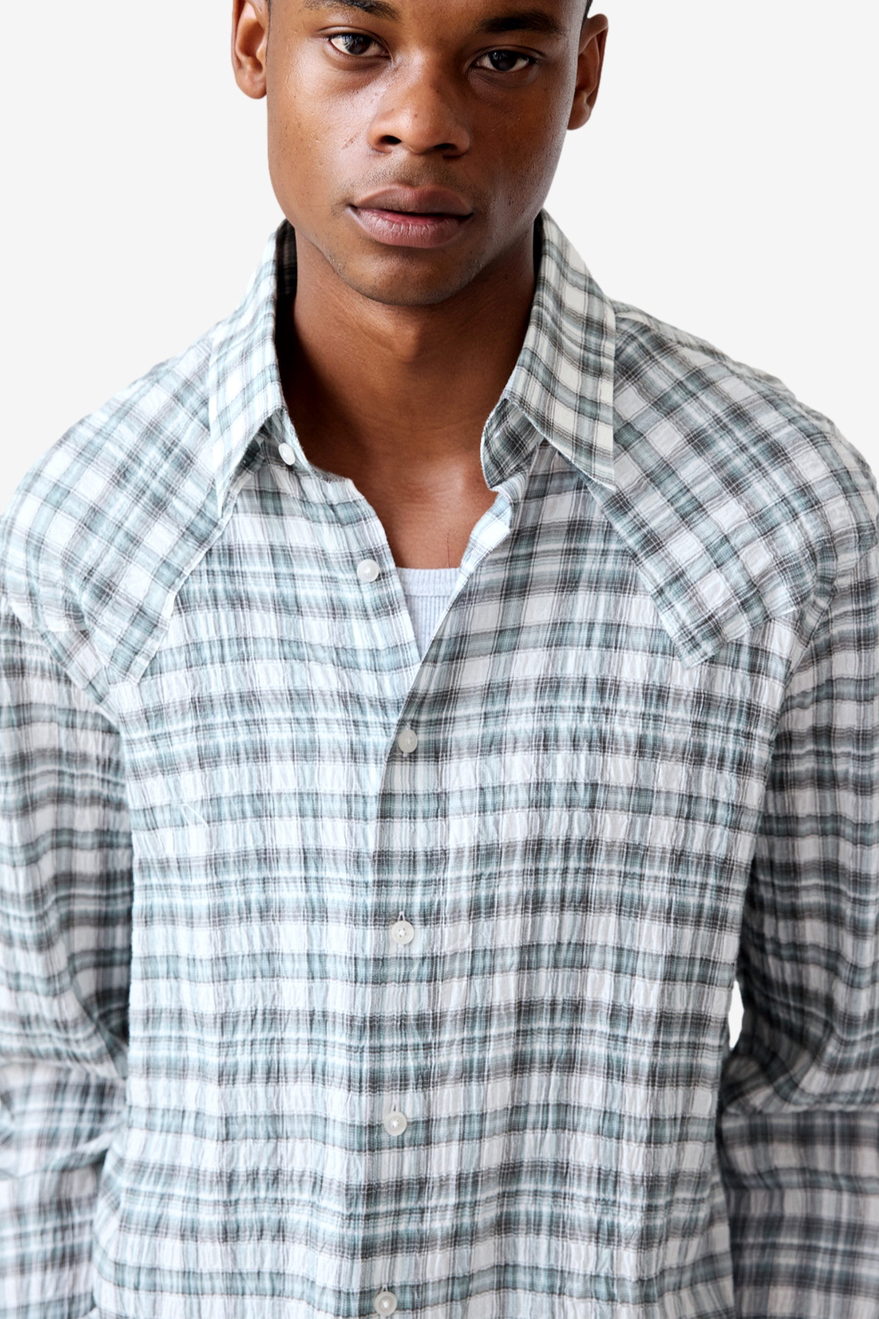 NO BRAND ノーブランド CARTER YOUNG カーターヤング WESTERN BUSINESS SHIRT ICE PLAID ウエスタンビジネスシャツ アイスプレイド ギンガムチェック カットオフ グレー Western Business Shirt in Ice Plaid - Carter Young | Afura Store
