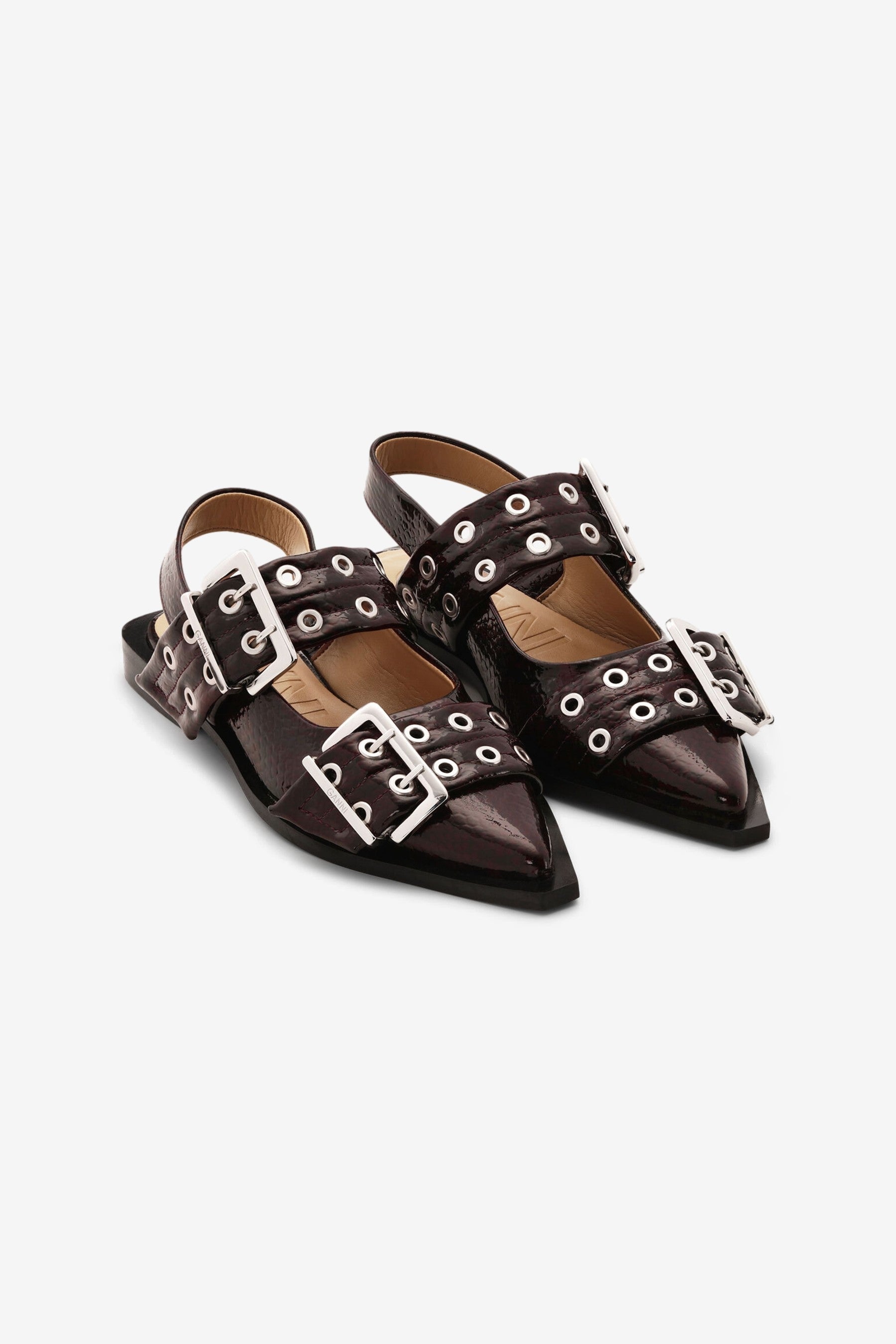 Feminine Buckle Ballerina Snake in Dark Burgundy - Ganni