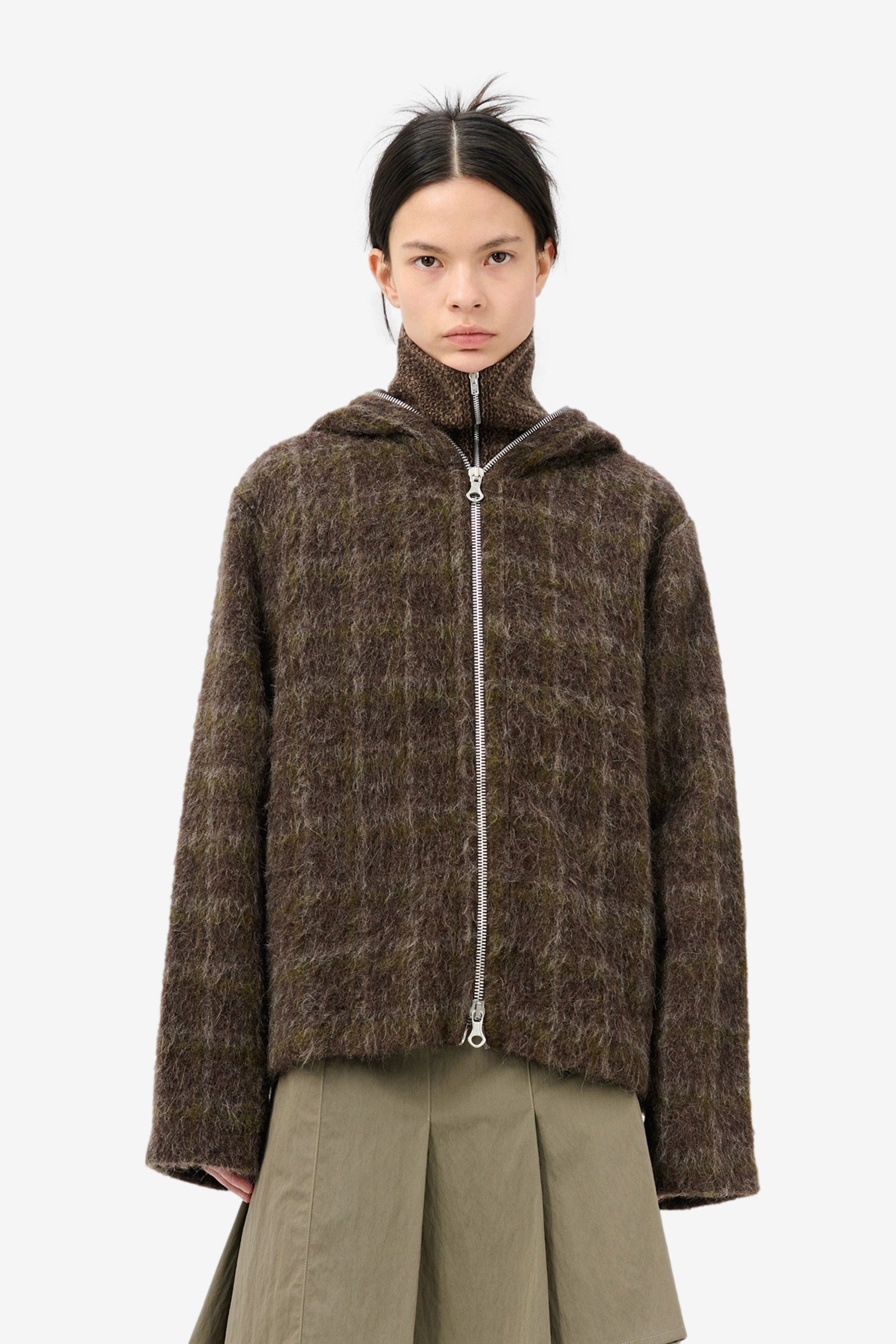 Full Zip Hood in Dorf Check Hairy Wool - Our Legacy | Afura Store