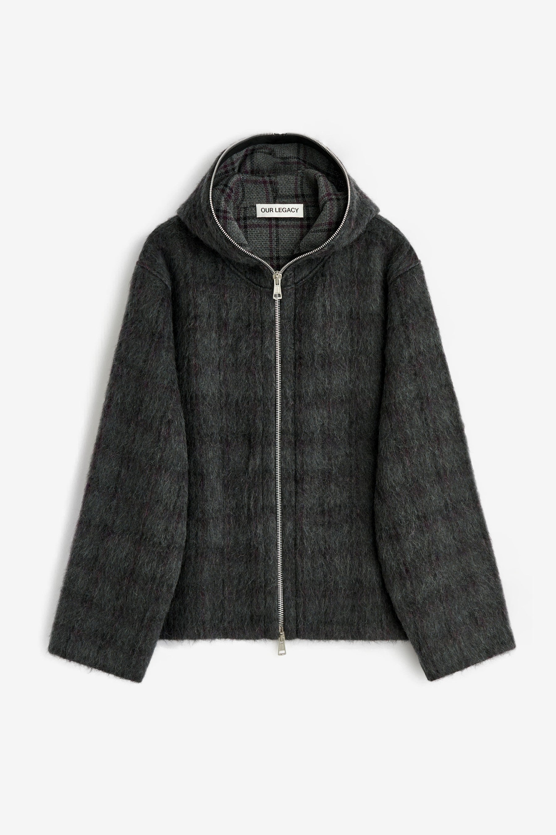 Full Zip Hood in Fuzzed Plum Check Hairy Wool - Our Legacy | Afura