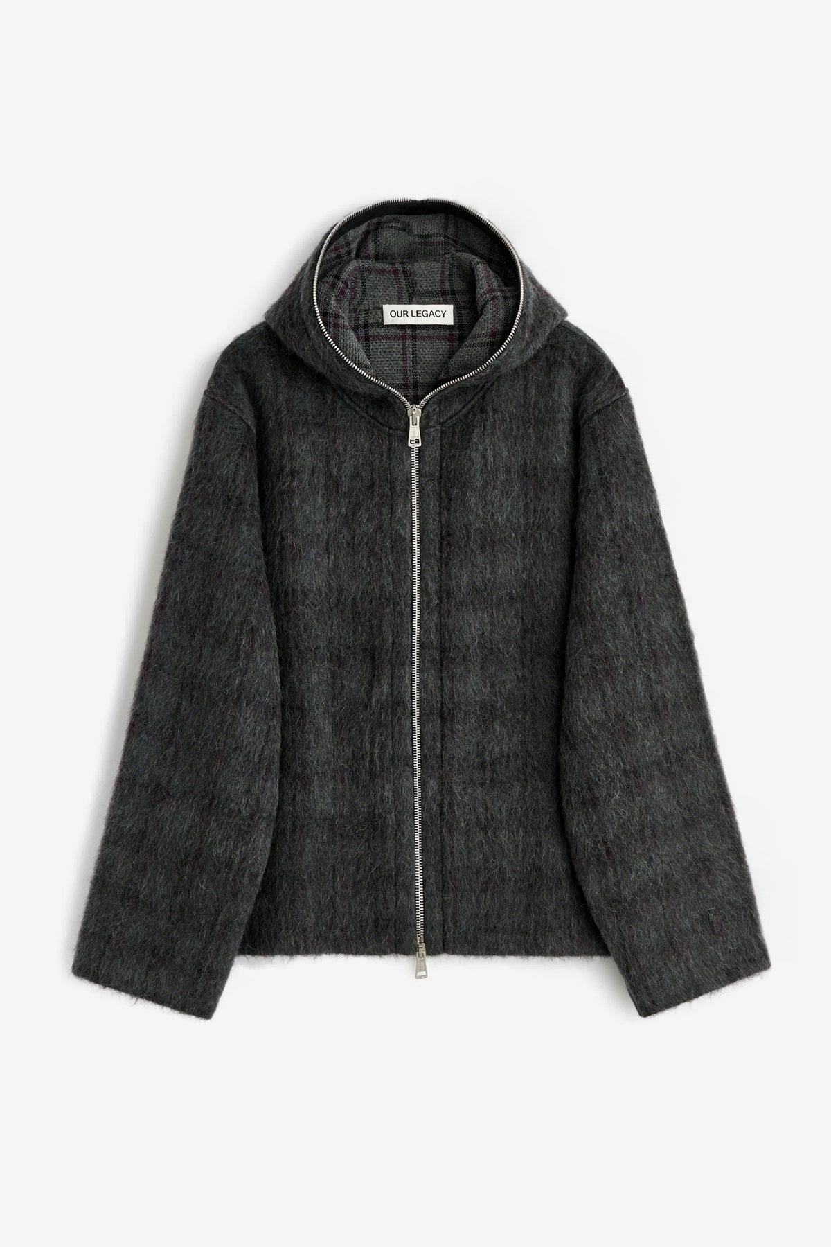Full Zip Hood in Fuzzed Plum Check Hairy Wool - Our Legacy | Afura 