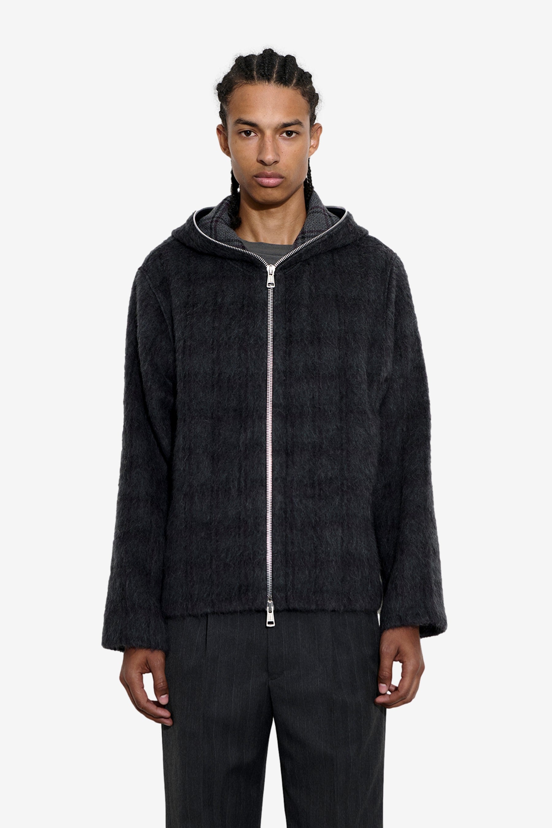 Full Zip Hood in Fuzzed Plum Check Hairy Wool - Our Legacy | Afura