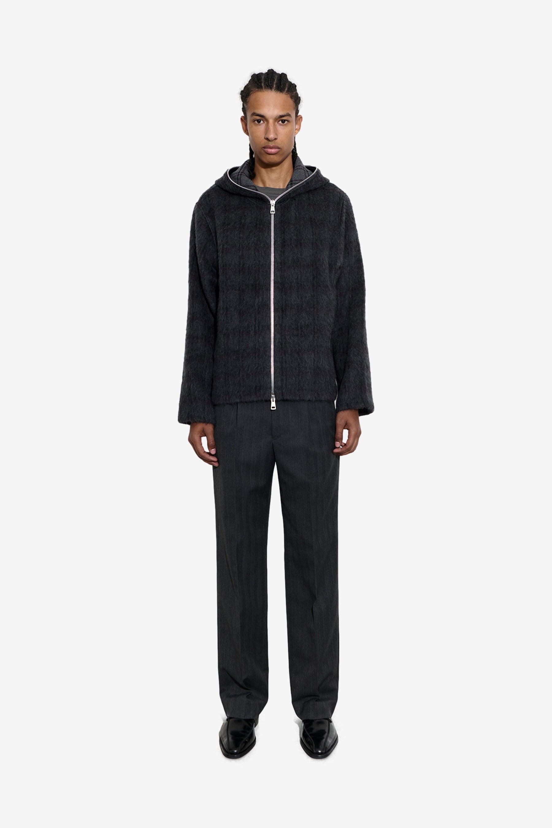 Full Zip Hood in Fuzzed Plum Check Hairy Wool - Our Legacy | Afura