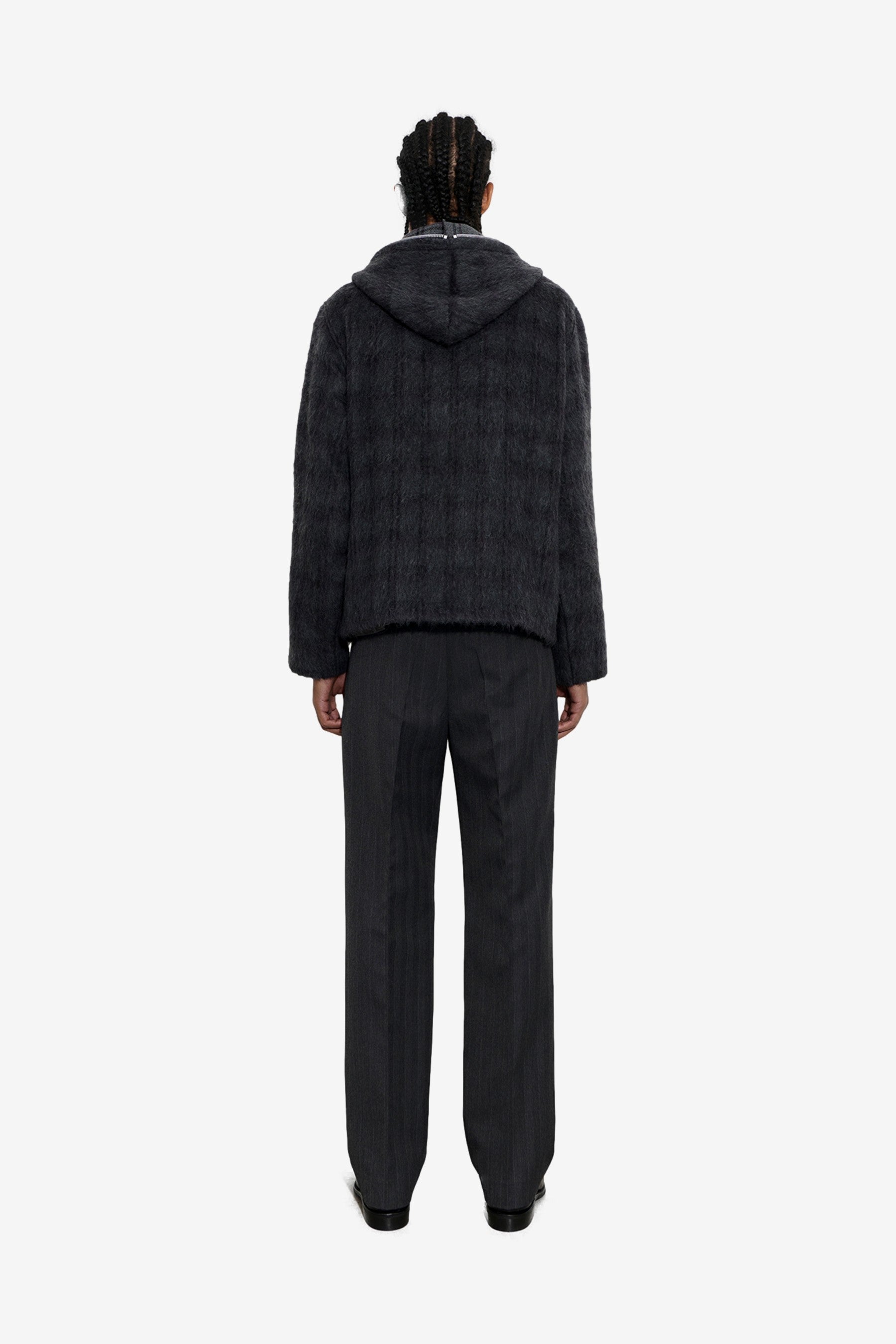 Full Zip Hood in Fuzzed Plum Check Hairy Wool - Our Legacy | Afura