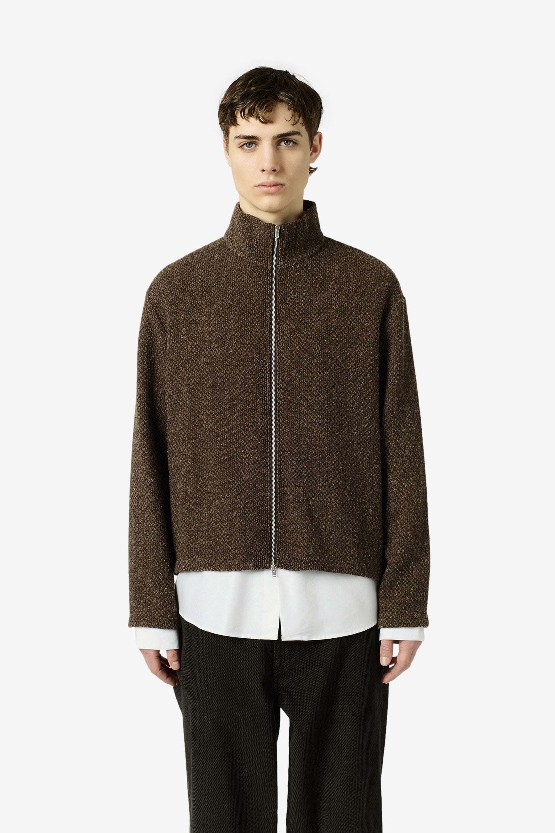 Shrunken Fullzip Polo in Brown Sparse Buckle Weave - Our Legacy