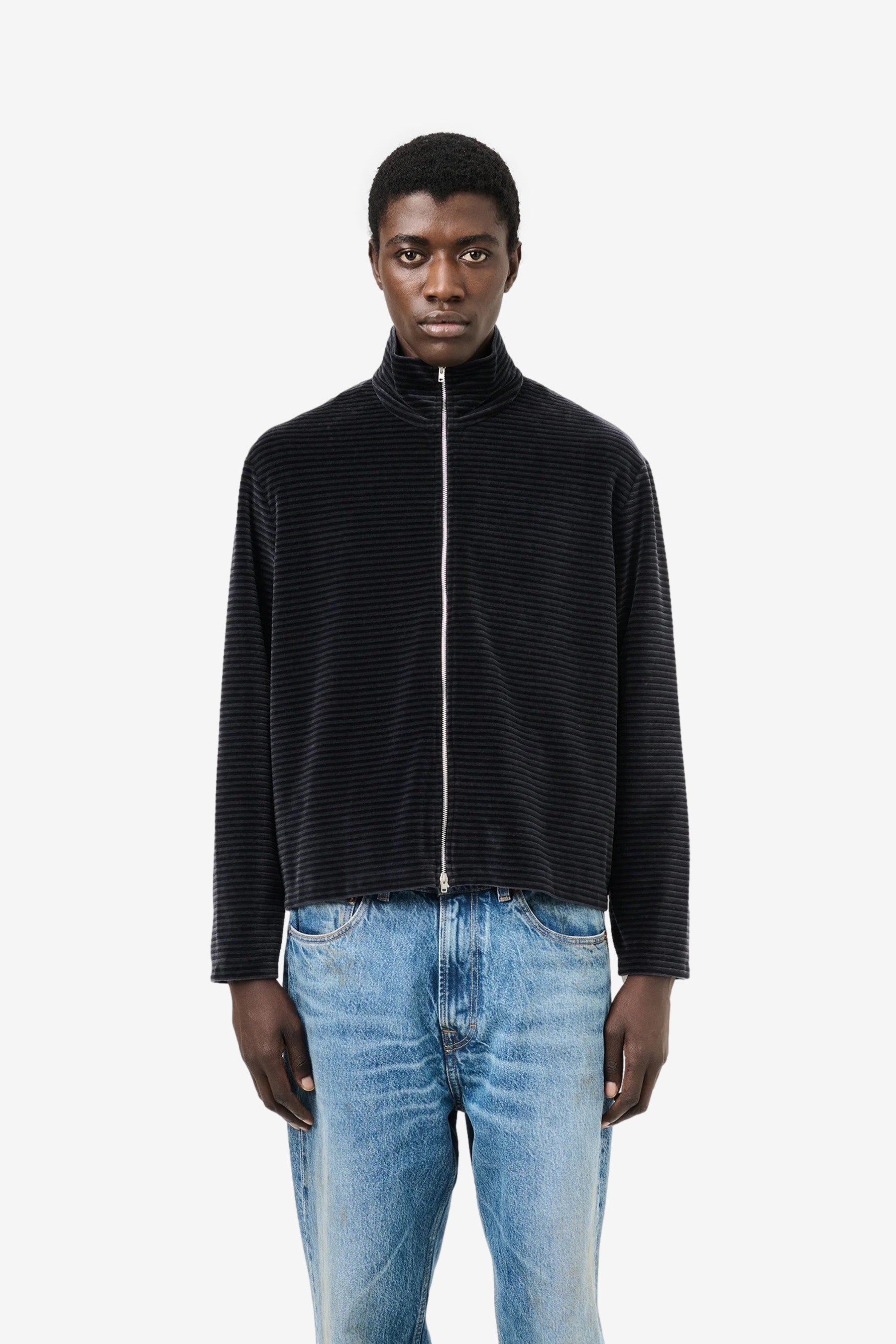 Shrunken Fullzip Polo in Phantom Stripe Velour - Our Legacy