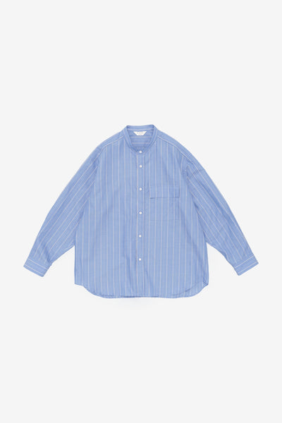 Cotton/Ramie Band Collar Shirt in Blue Stripe - Still By Hand