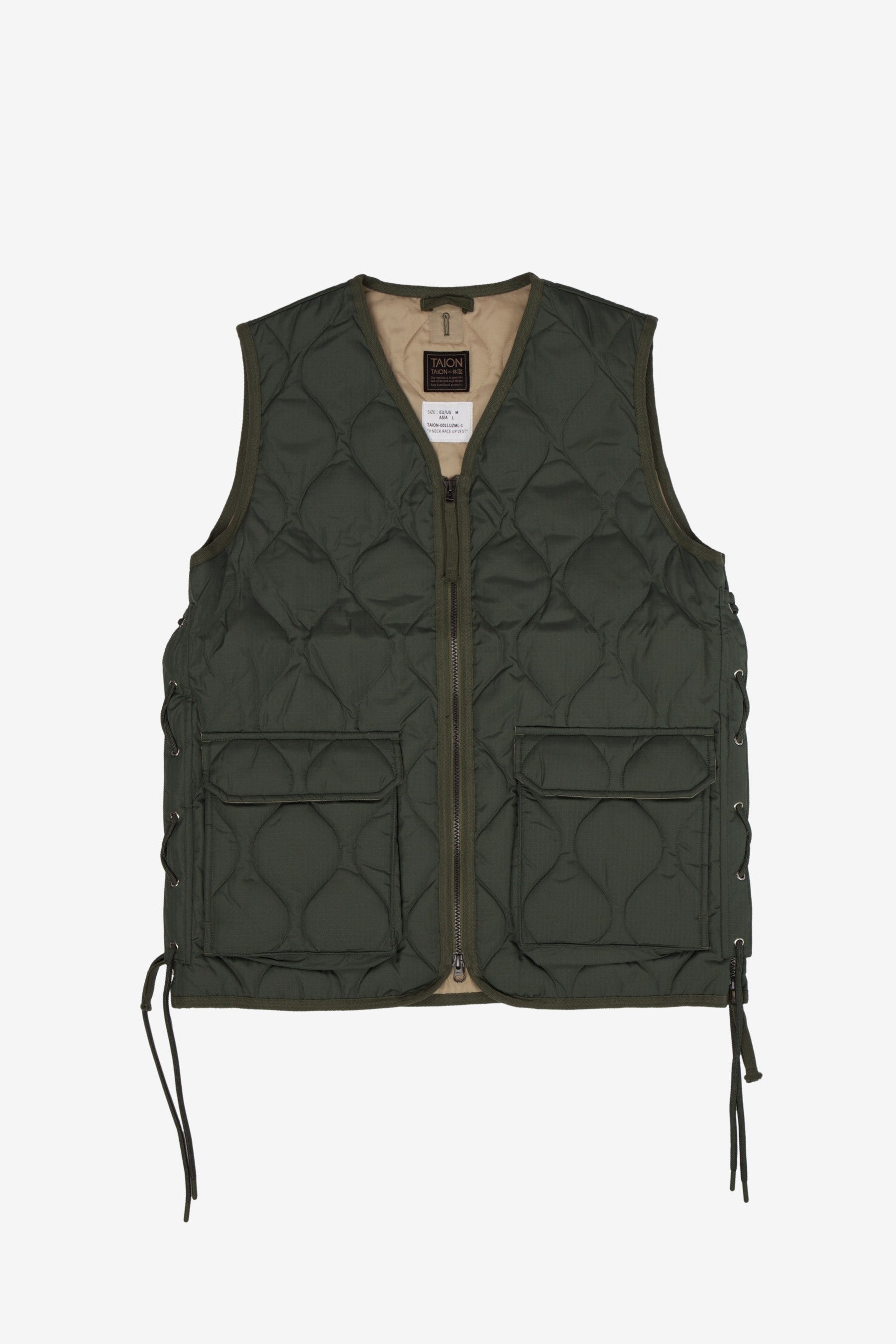 Military Zip V Neck Down Vest in Olive - Taion | Afura Store