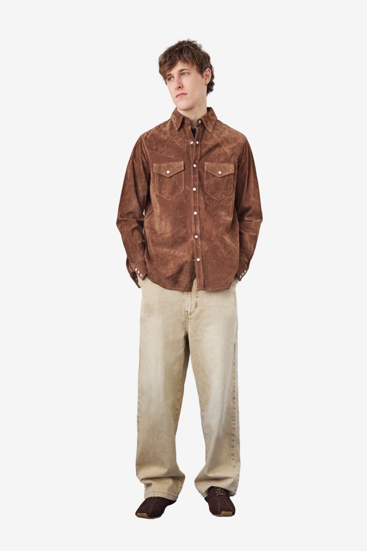Carter Young Suede Western Shirt in Chocolate/Cream