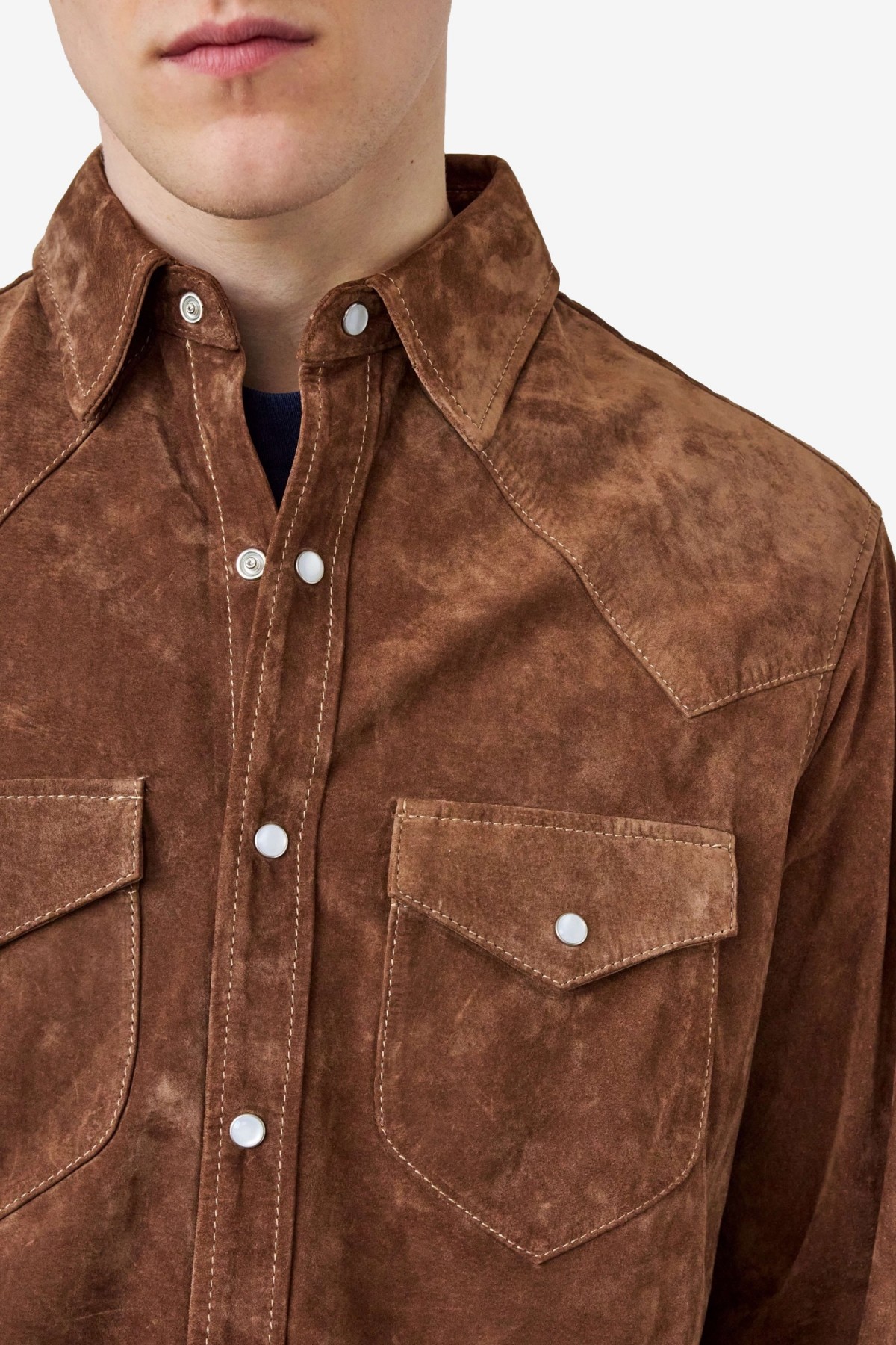 Carter Young Suede Western Shirt in Chocolate/Cream