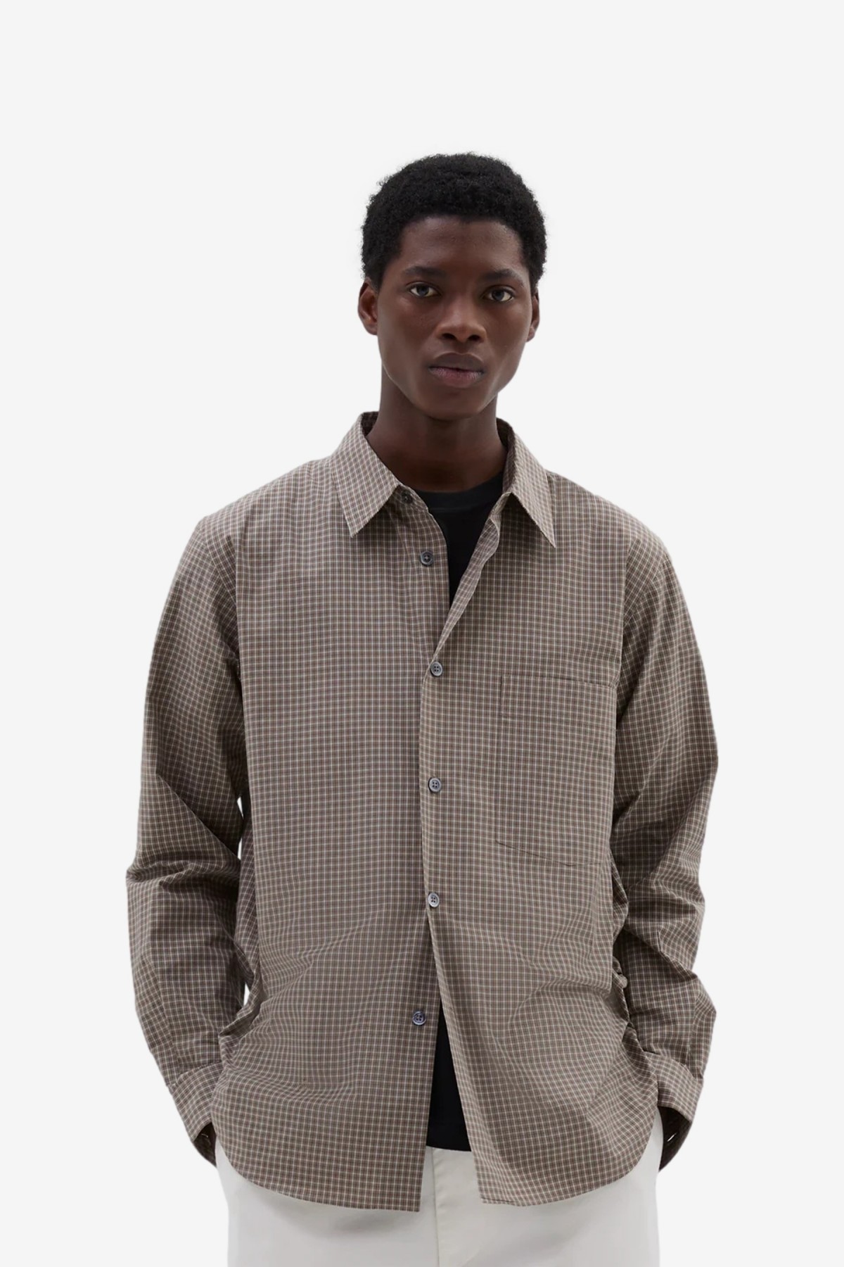 Basic Shirt Small Check Cotton Poplin in Stone Khaki Margaret Howell Afura Store