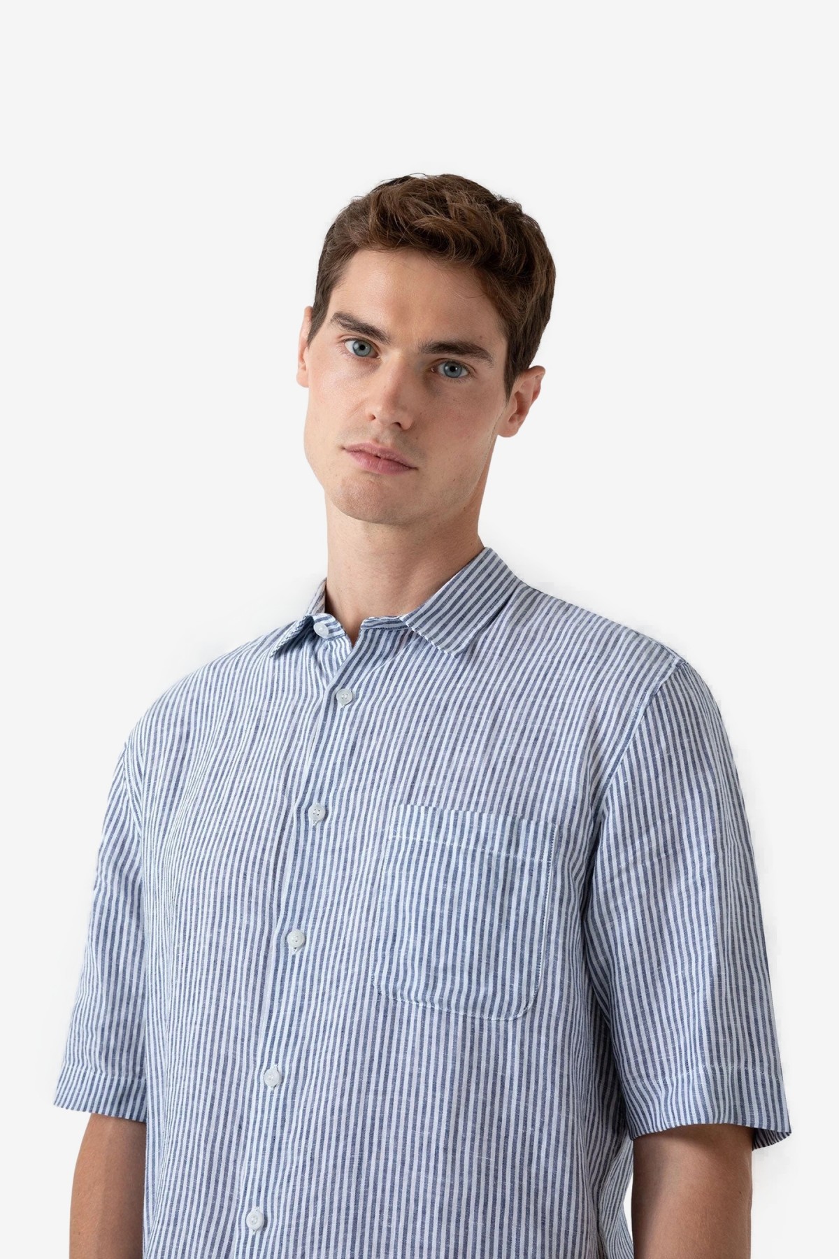 Sunspel SS Linen Shirt in Navy/White Stripes
