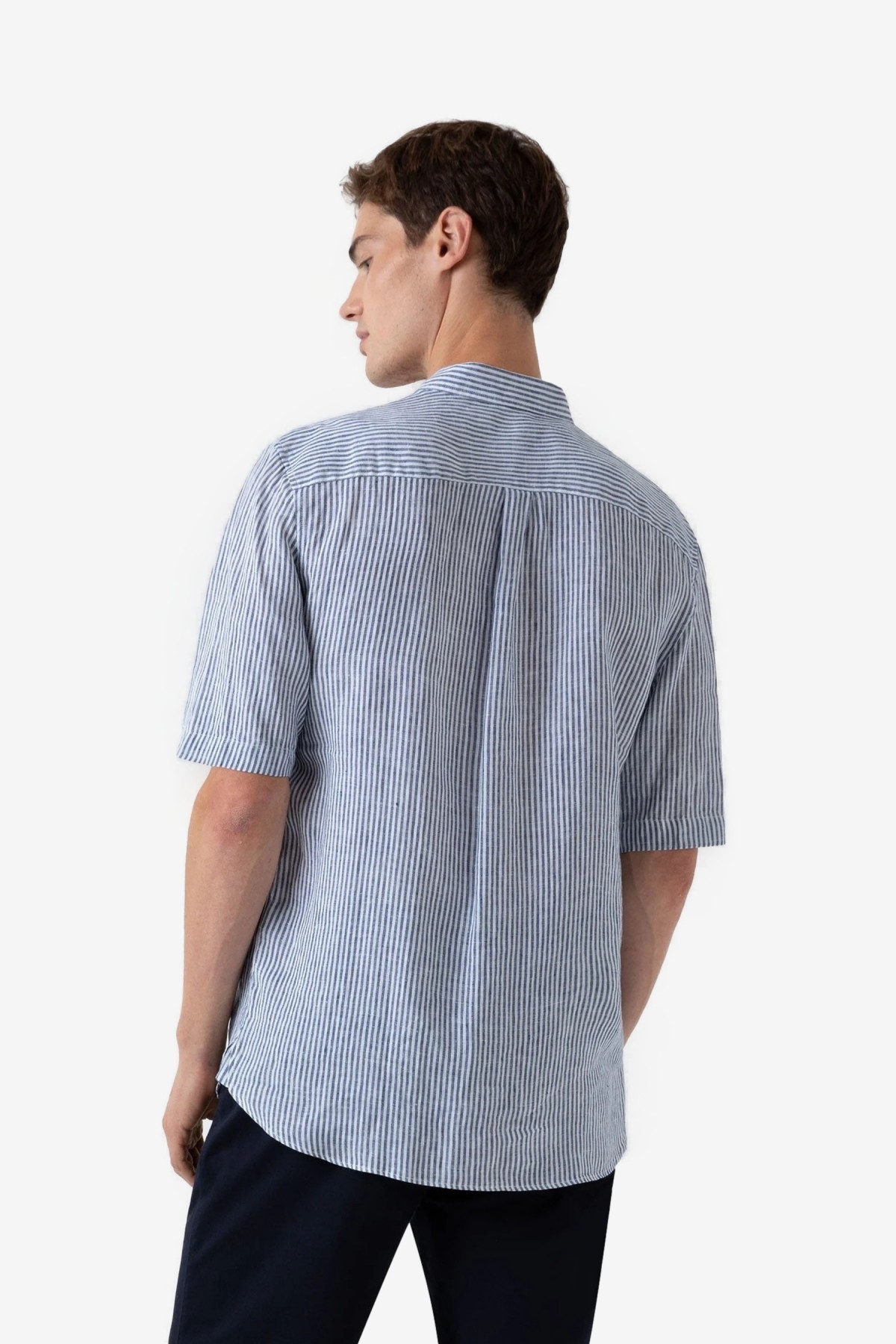 Sunspel SS Linen Shirt in Navy/White Stripes