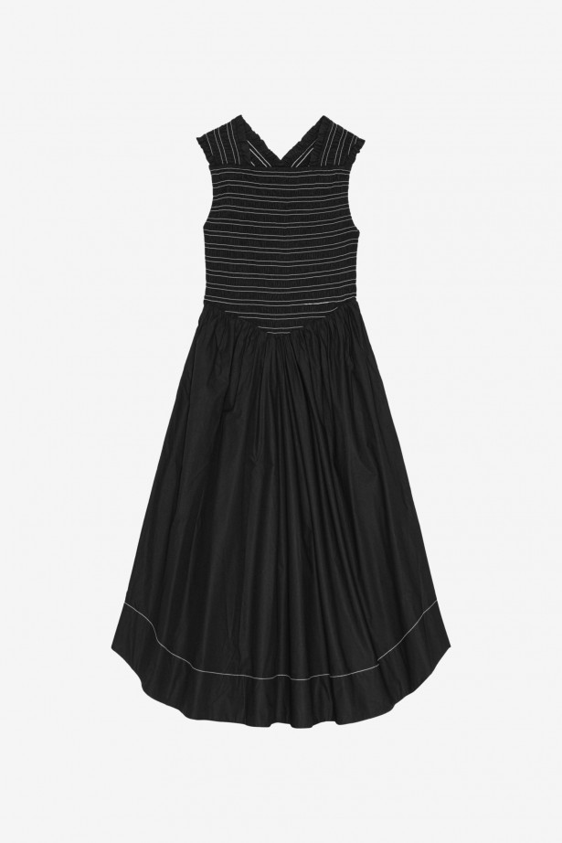 Washed Stretch Cotton Smock Midi Straps Dress
