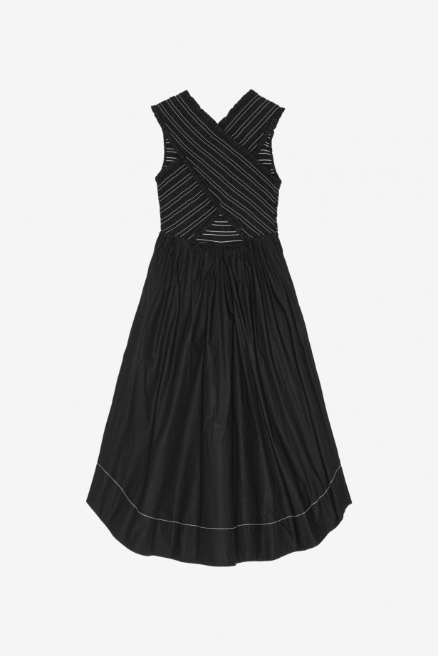 Washed Stretch Cotton Smock Midi Straps Dress